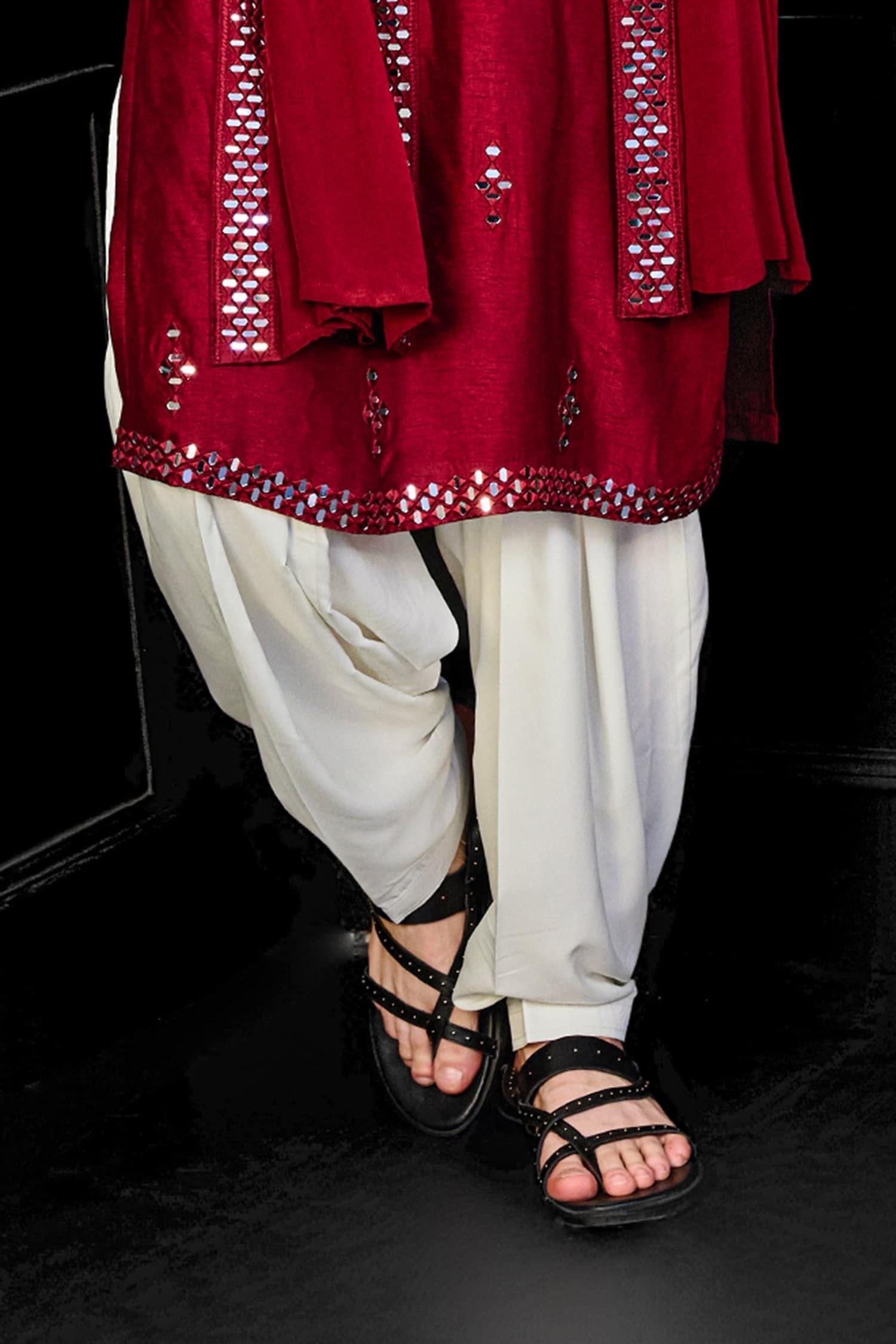 Kurta Salwar Set Red Silk Mirrors Fleur Embroidered