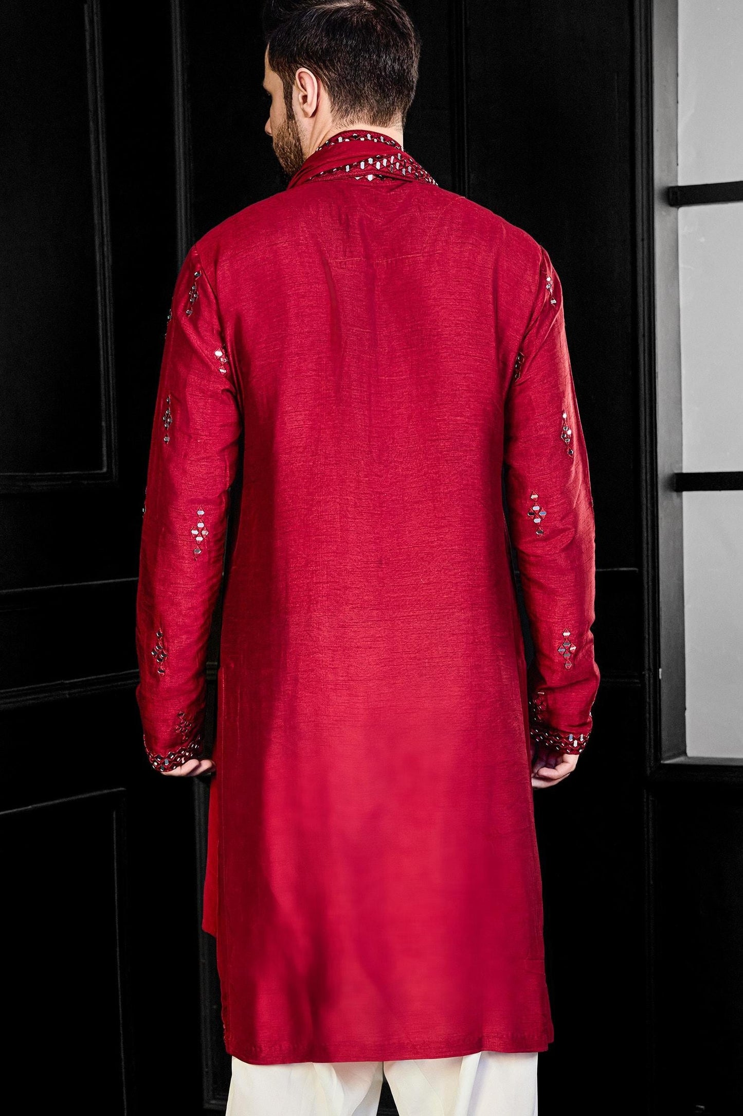 Kurta Salwar Set Red Silk Mirrors Fleur Embroidered