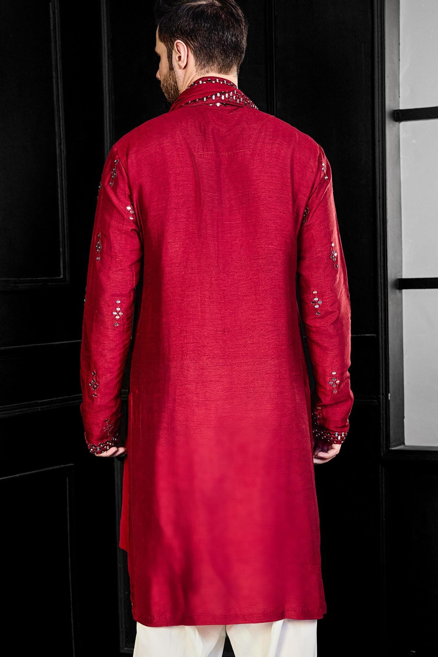 Kurta Salwar Set Red Silk Mirrors Fleur Embroidered