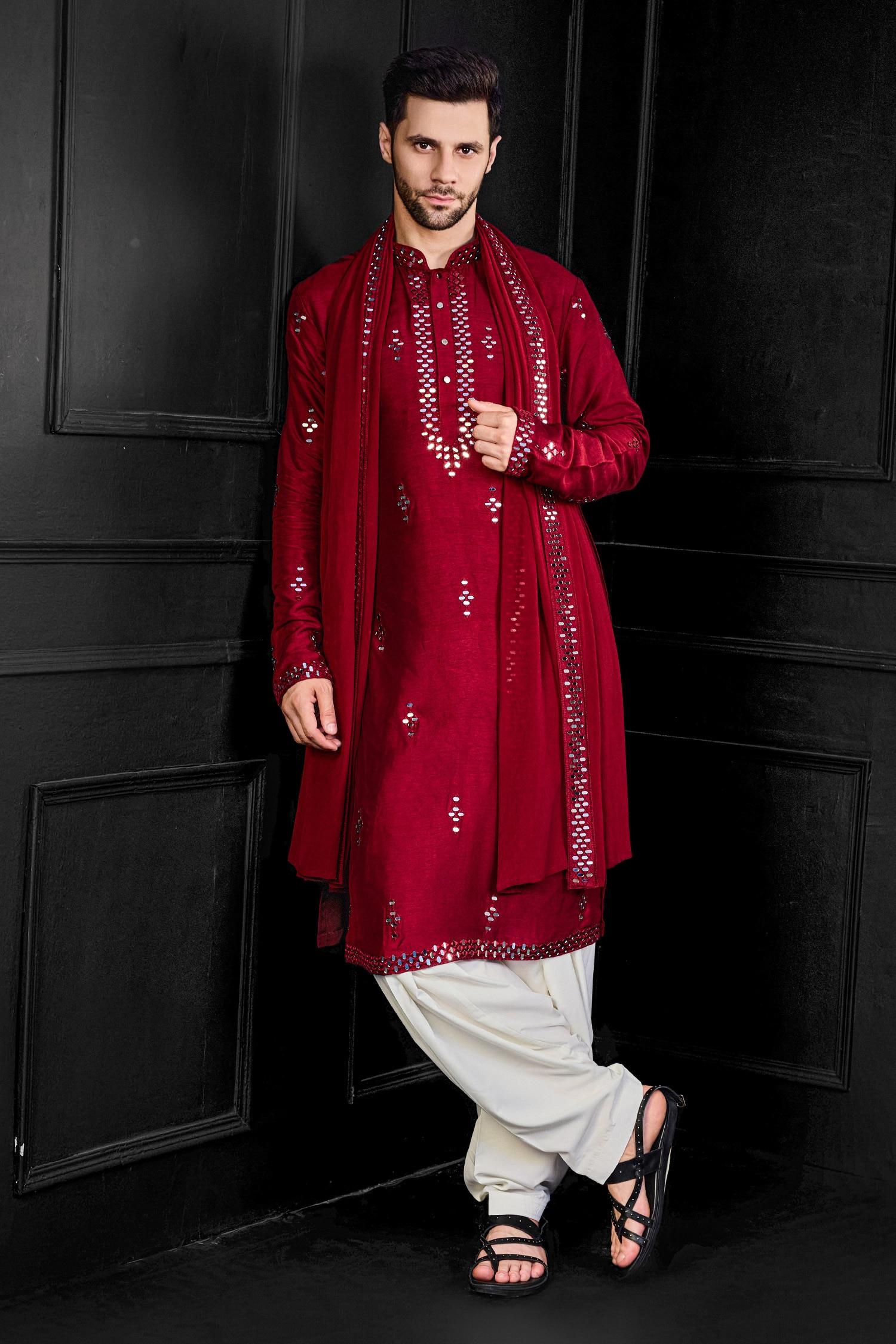 Kurta Salwar Set Red Silk Mirrors Fleur Embroidered