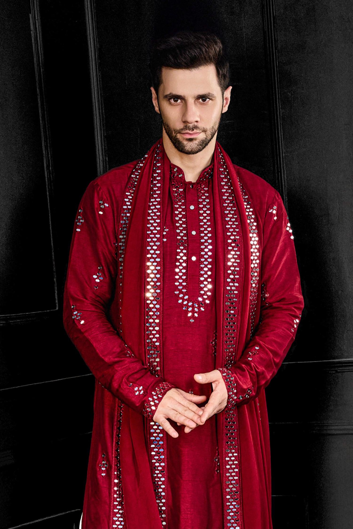 Kurta Salwar Set Red Silk Mirrors Fleur Embroidered