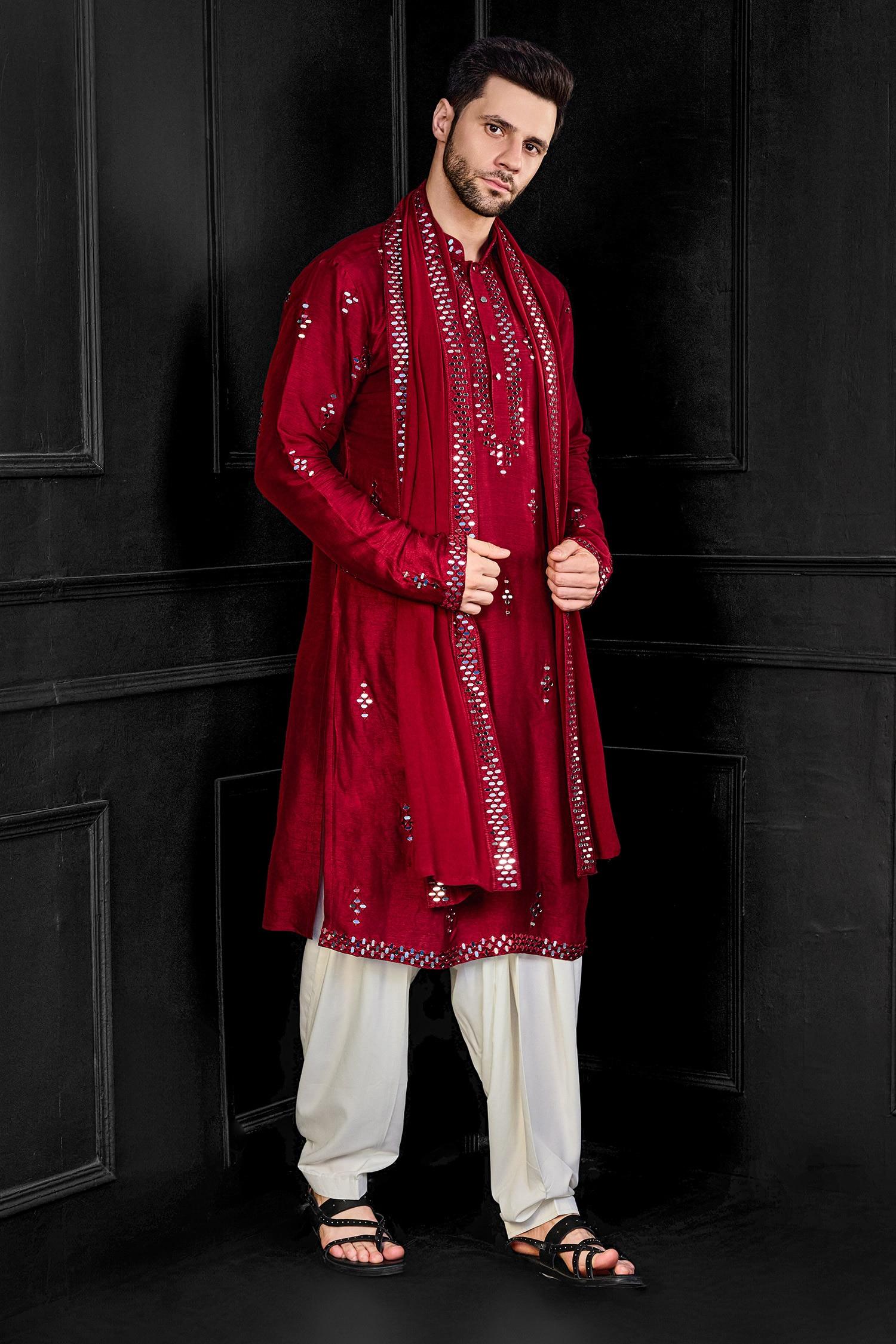 Kurta Salwar Set Red Silk Mirrors Fleur Embroidered