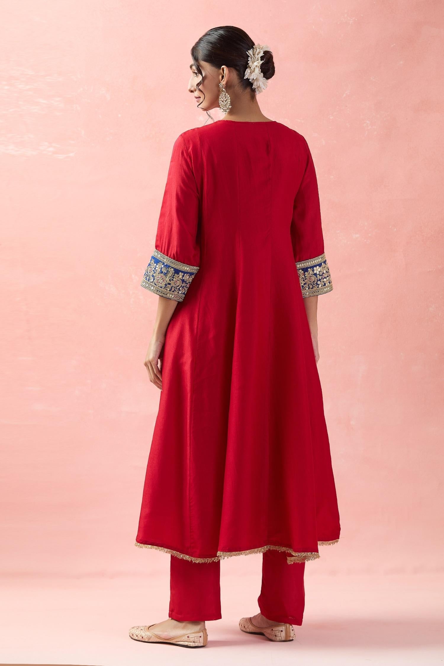 Red Silk, Organza, Cotton Embroidery, Gota Patti Round Neck Anarkali Set - Designer Kurta Set
