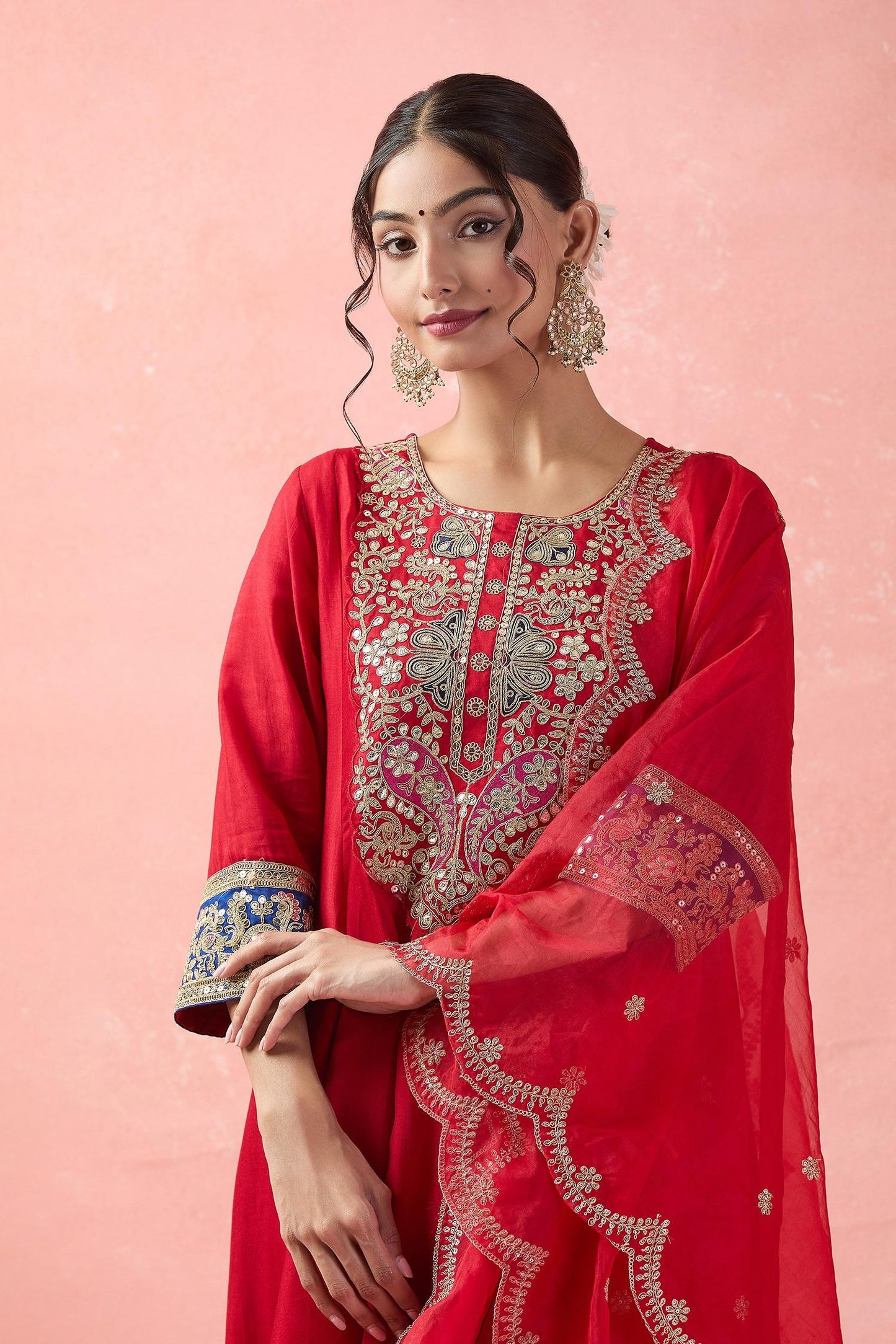 Red Silk, Organza, Cotton Embroidery, Gota Patti Round Neck Anarkali Set - Designer Kurta Set