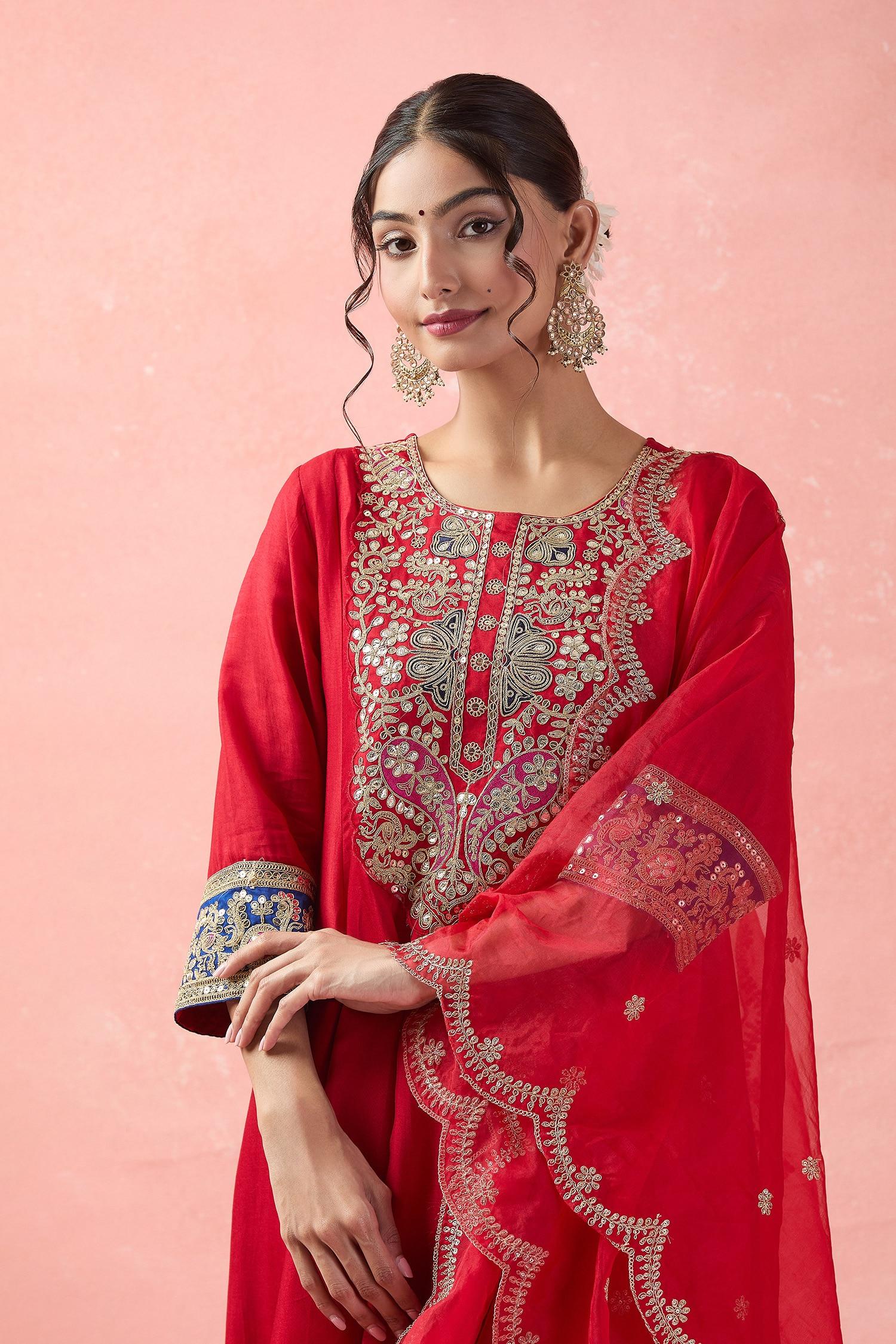 Red Silk, Organza, Cotton Embroidery, Gota Patti Round Neck Anarkali Set - Designer Kurta Set