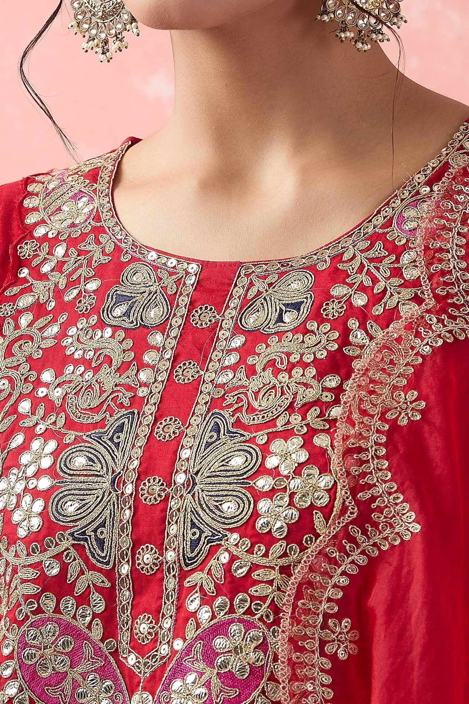Red Silk, Organza, Cotton Embroidery, Gota Patti Round Neck Anarkali Set - Designer Kurta Set
