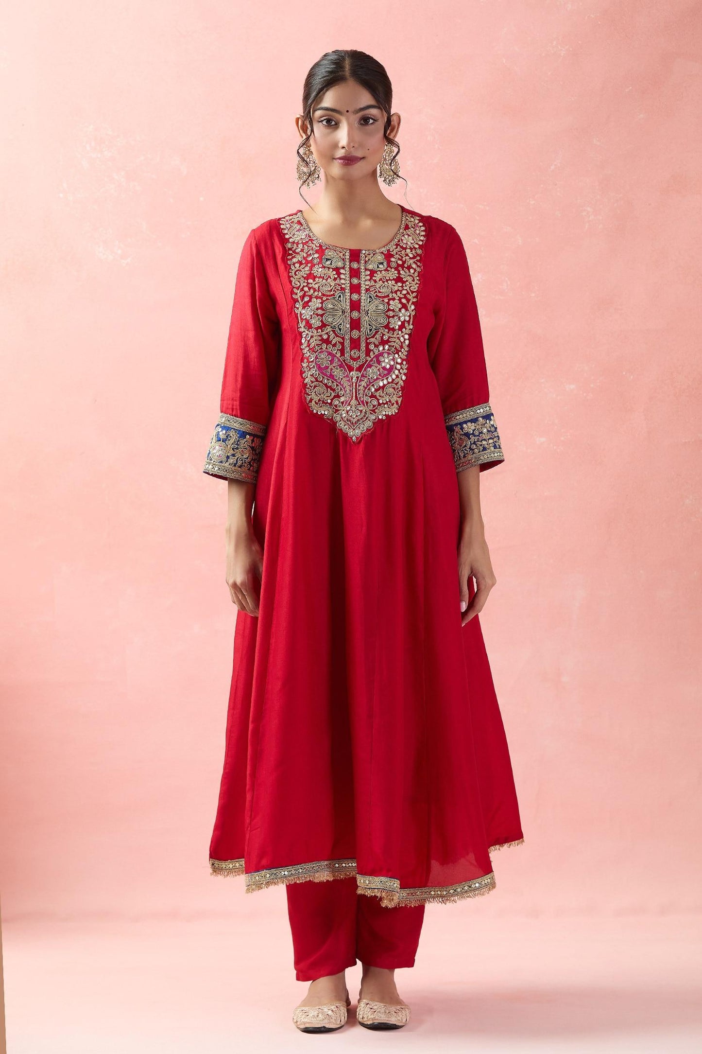 Red Silk, Organza, Cotton Embroidery, Gota Patti Round Neck Anarkali Set - Designer Kurta Set