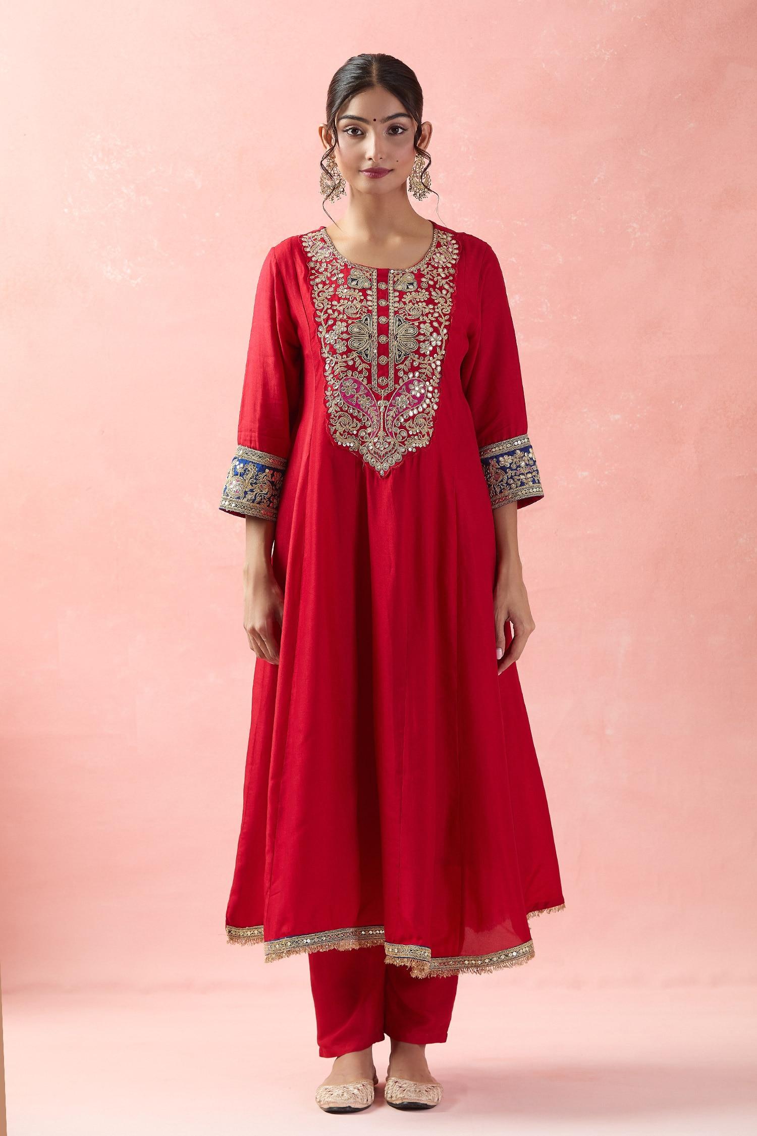 Red Silk, Organza, Cotton Embroidery, Gota Patti Round Neck Anarkali Set - Designer Kurta Set