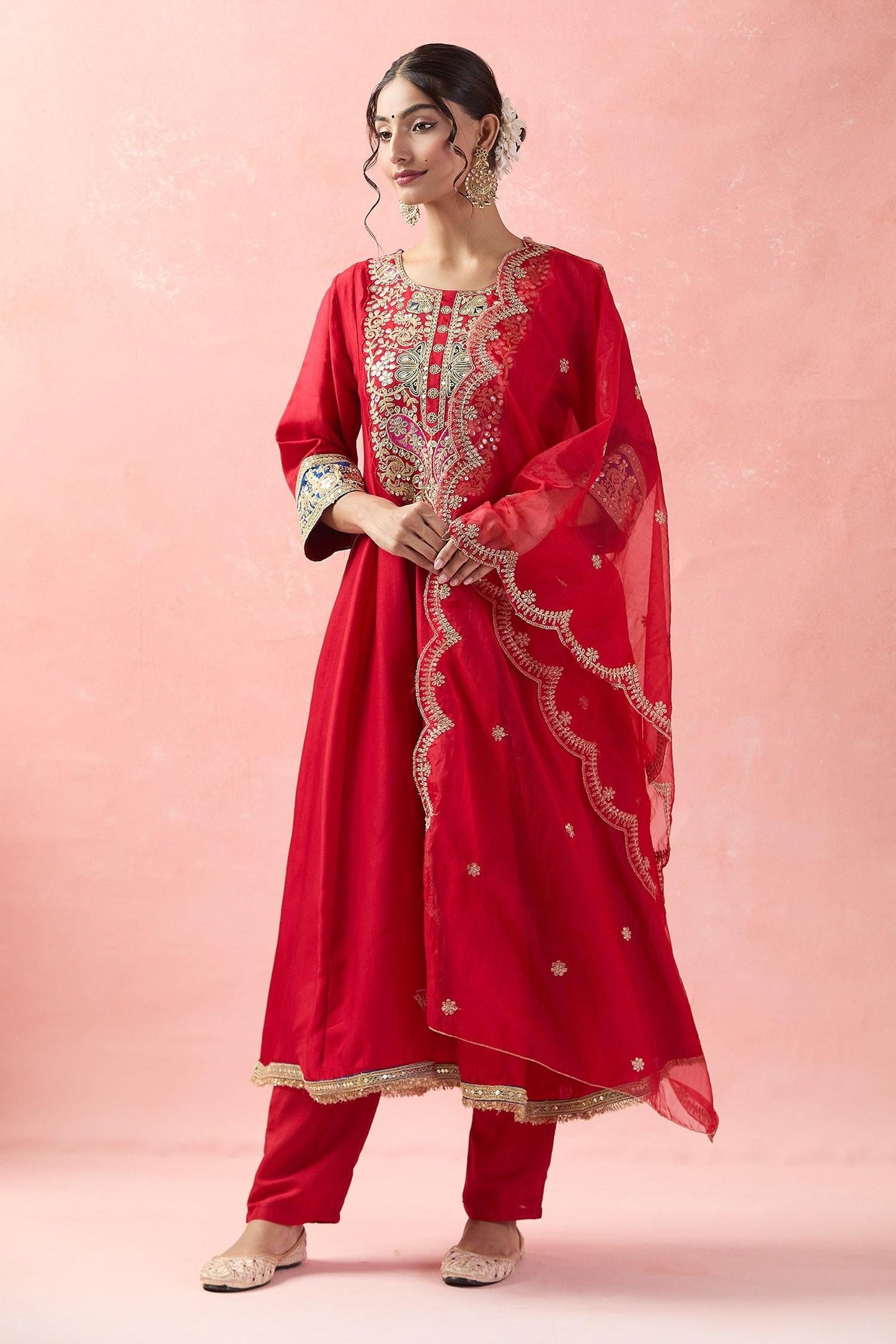 Red Silk, Organza, Cotton Embroidery, Gota Patti Round Neck Anarkali Set - Designer Kurta Set