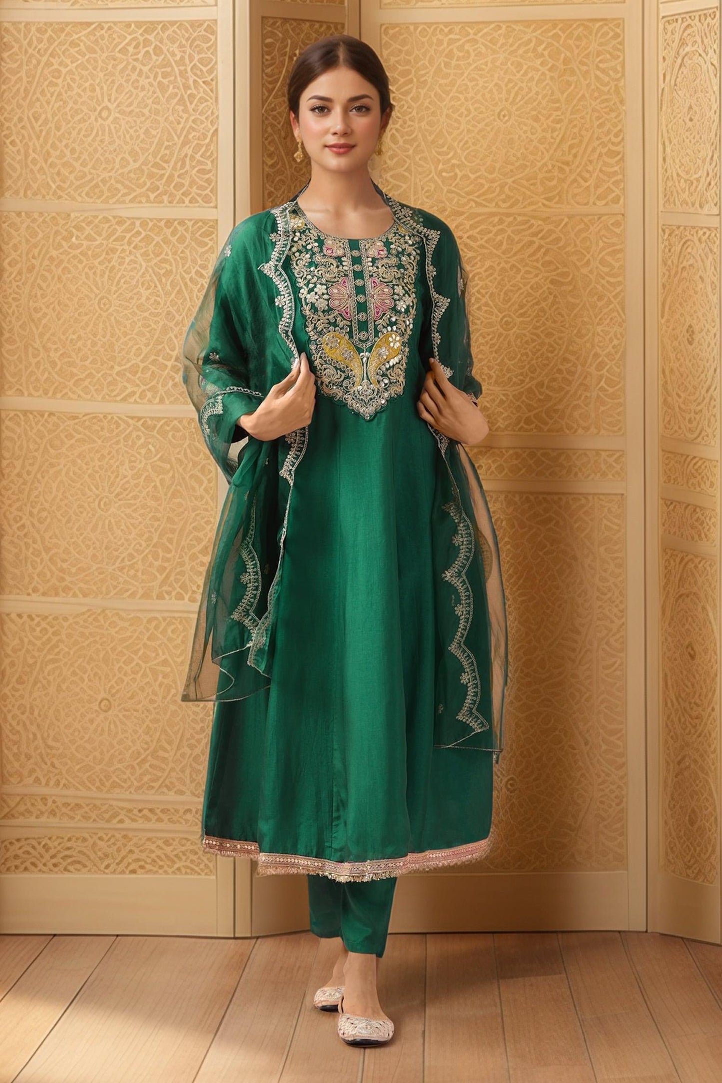 Red Silk, Organza, Cotton Embroidery, Gota Patti Round Neck Anarkali Set - Designer Kurta Set