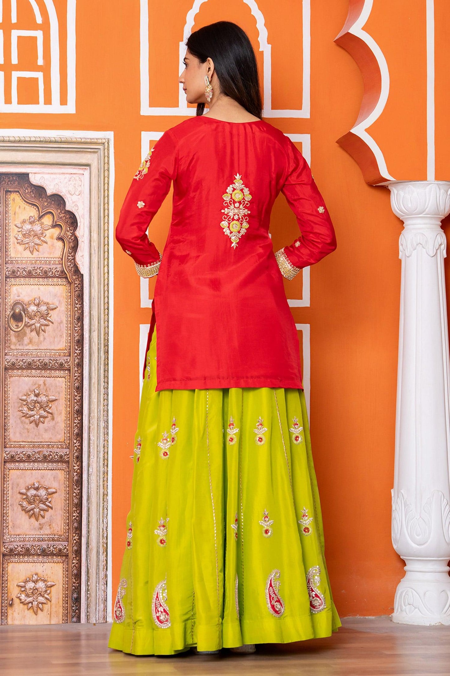Red Silk, Organza Sequins, Embroidery Round Neck Lehenga Kurta Set - Designer Kurta Set