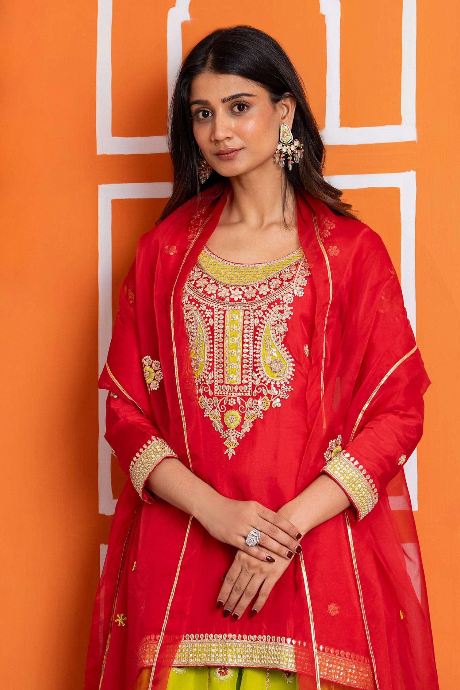 Red Silk, Organza Sequins, Embroidery Round Neck Lehenga Kurta Set - Designer Kurta Set