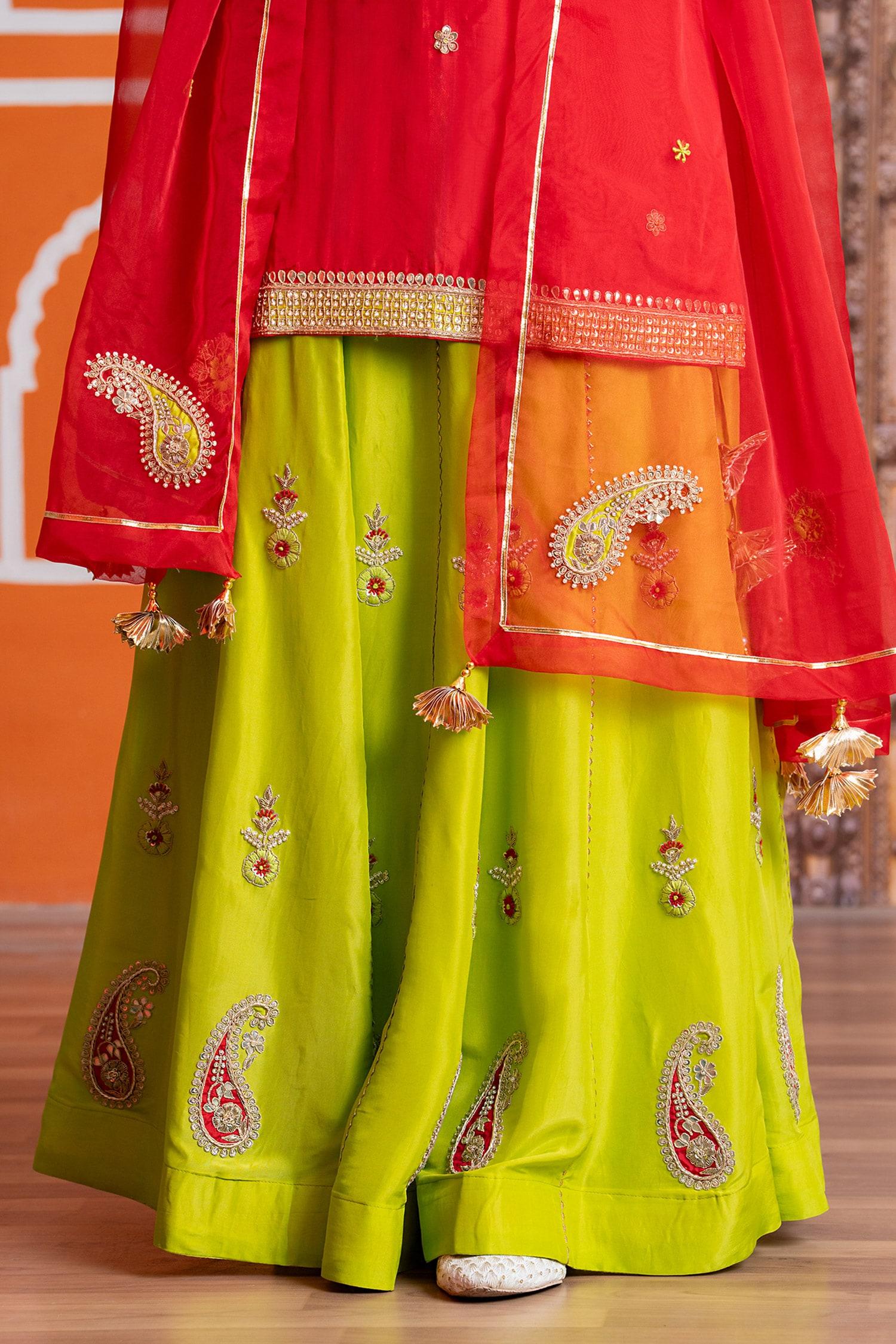 Red Silk, Organza Sequins, Embroidery Round Neck Lehenga Kurta Set - Designer Kurta Set