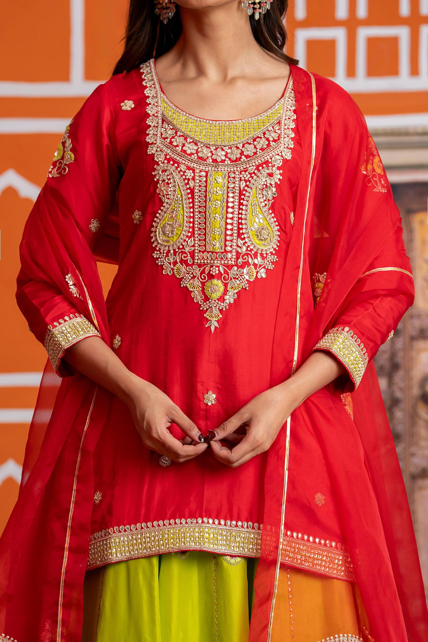 Red Silk, Organza Sequins, Embroidery Round Neck Lehenga Kurta Set - Designer Kurta Set