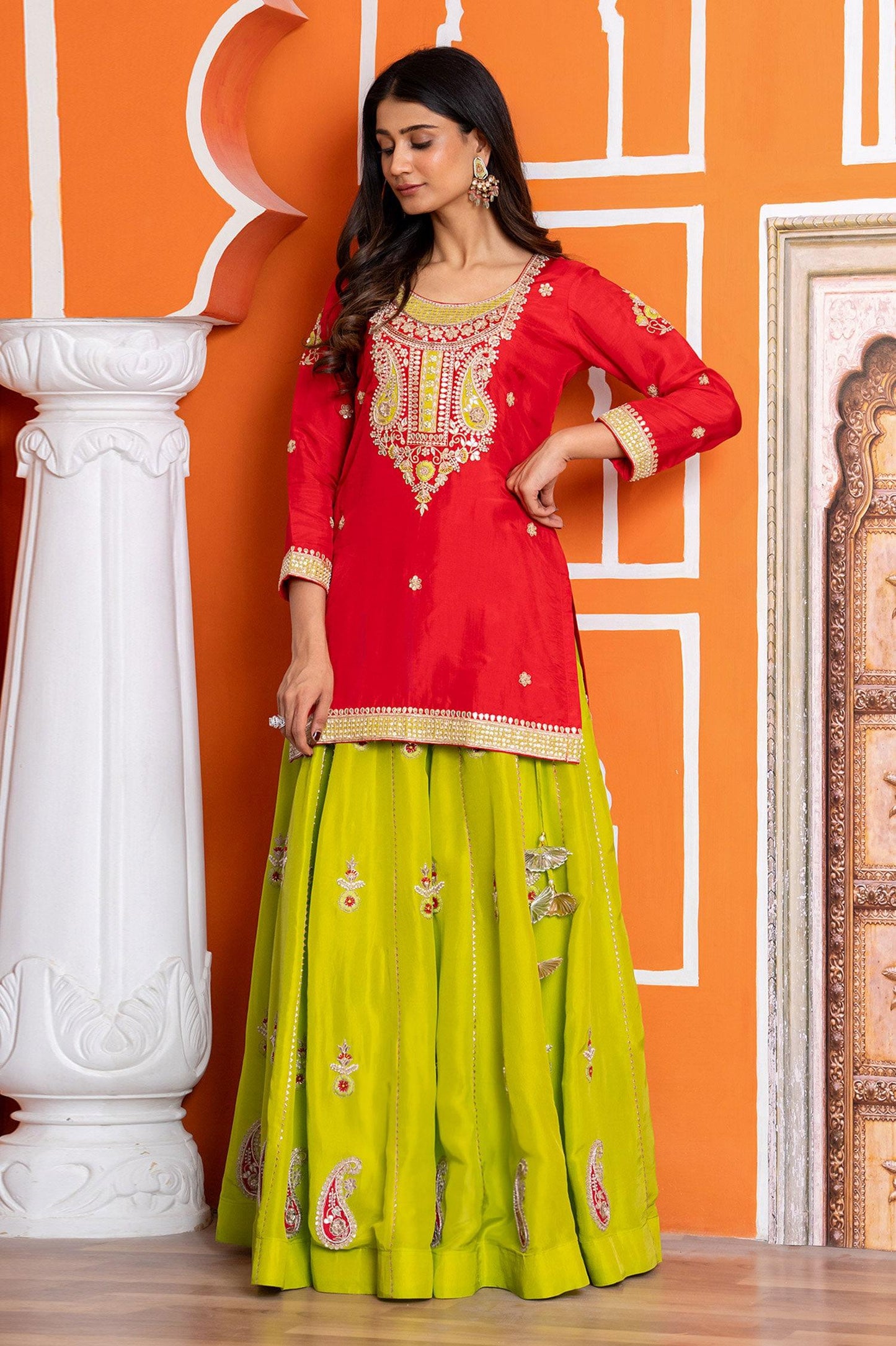 Red Silk, Organza Sequins, Embroidery Round Neck Lehenga Kurta Set - Designer Kurta Set