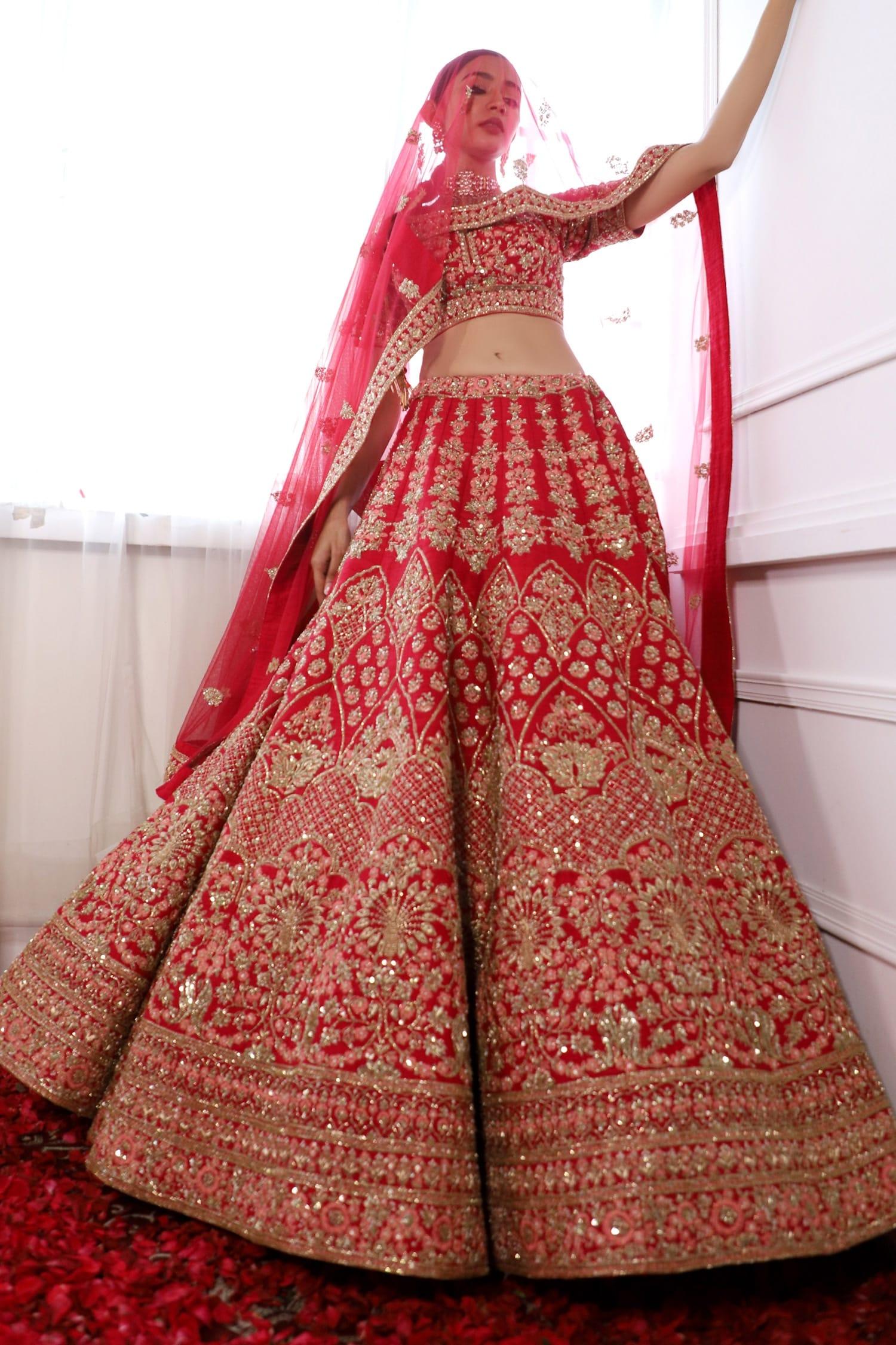 Red Silk, Tulle Embroidery, Sequins, Sahi Mor Botanical Bridal Lehenga Set - Designer Kurta Set