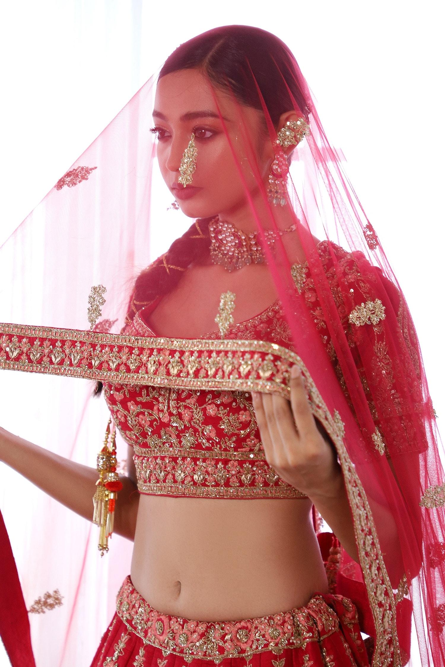 Red Silk, Tulle Embroidery, Sequins, Sahi Mor Botanical Bridal Lehenga Set - Designer Kurta Set