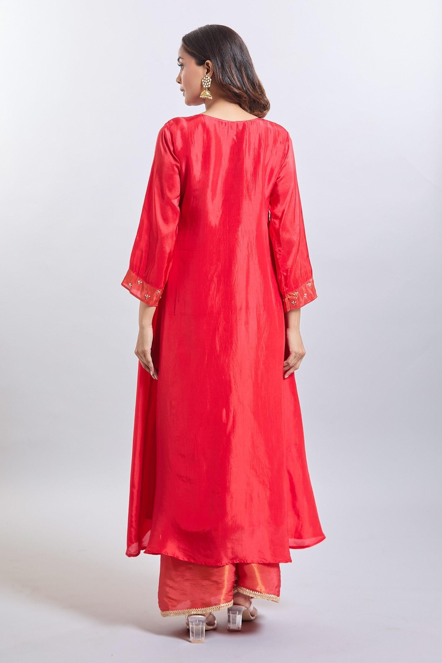 Red Tissue Embroidery V-neck Upada Silk Anarkali Set - Designer Kurta Set