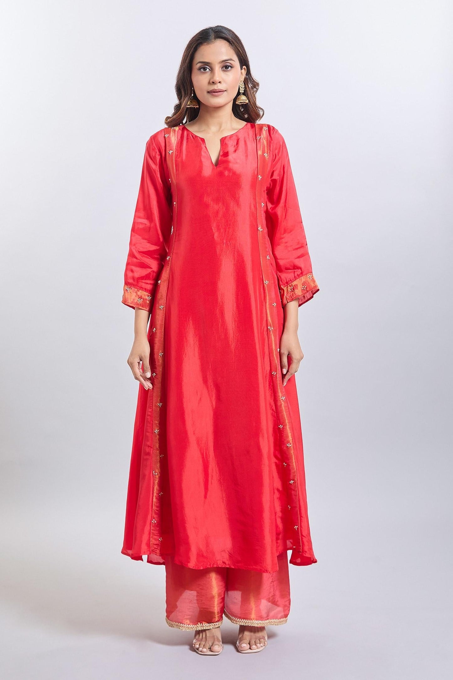 Red Tissue Embroidery V-neck Upada Silk Anarkali Set - Designer Kurta Set