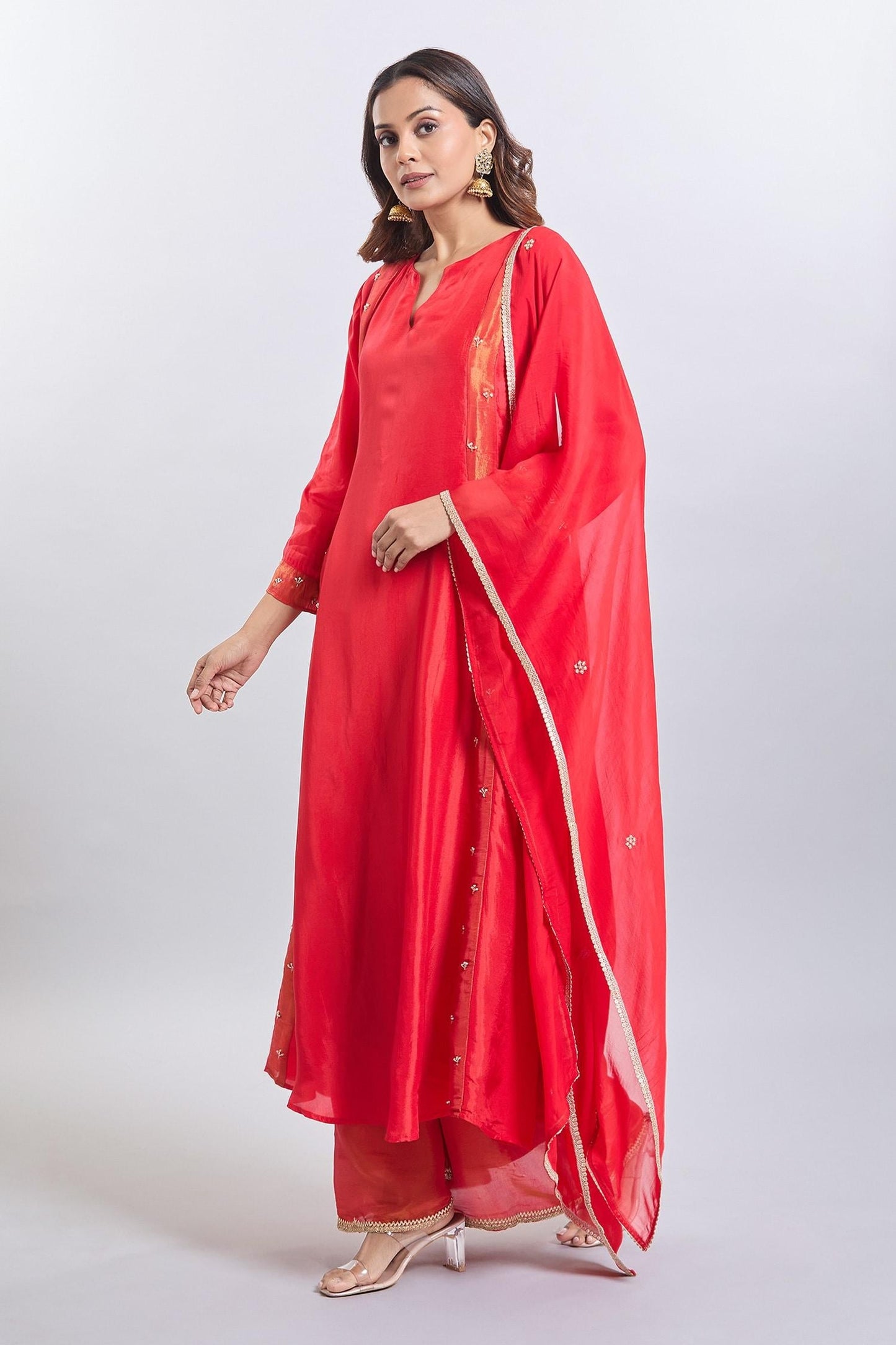 Red Tissue Embroidery V-neck Upada Silk Anarkali Set - Designer Kurta Set