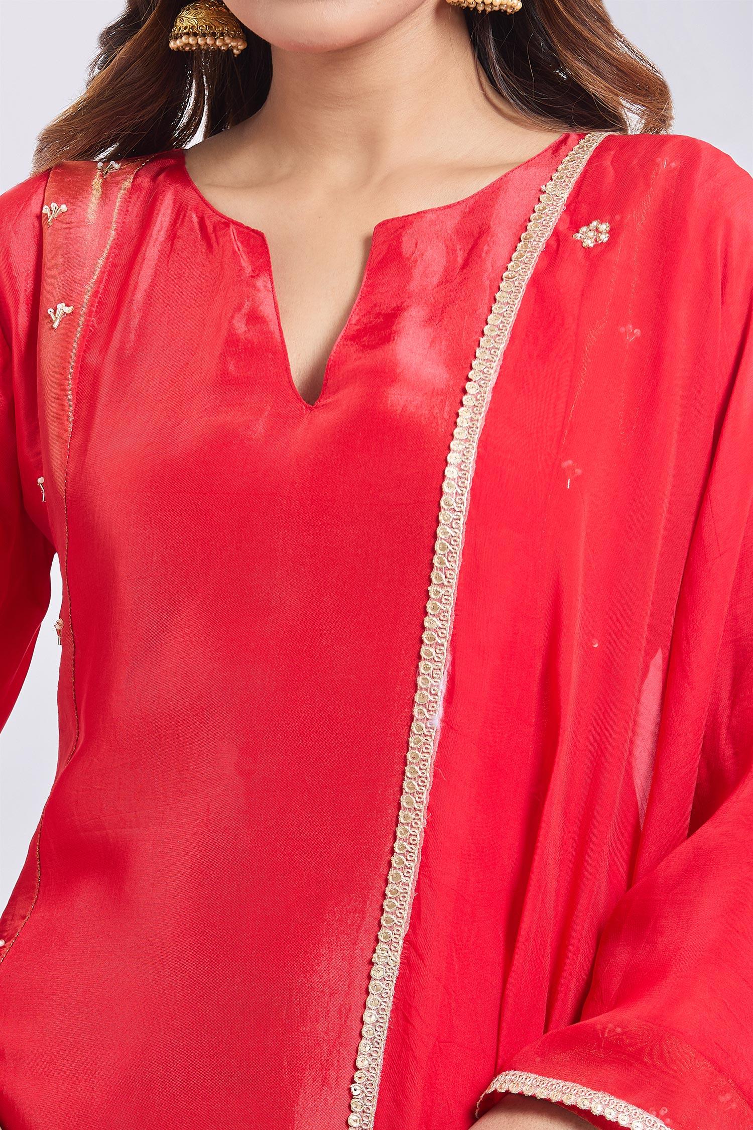Red Tissue Embroidery V-neck Upada Silk Anarkali Set - Designer Kurta Set