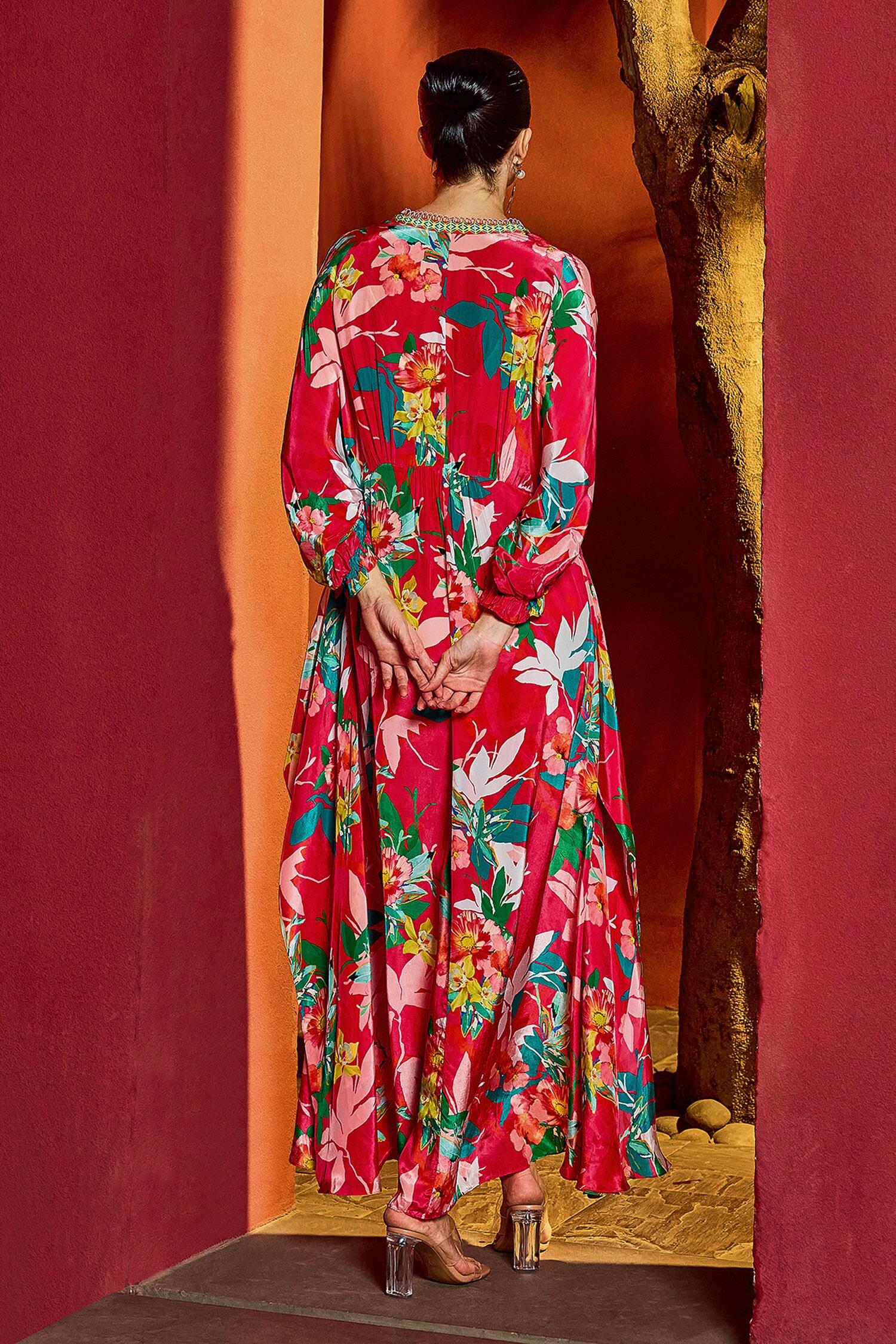 Red Viscose, Crepe Tassels V-neck Blossom Petal Print Kaftan - Designer Kurta Set