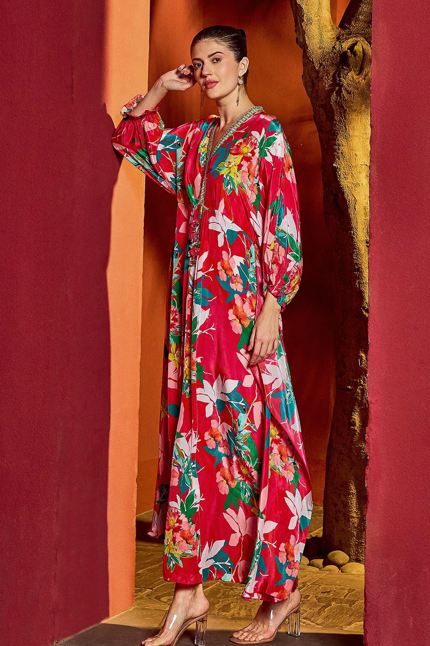 Red Viscose, Crepe Tassels V-neck Blossom Petal Print Kaftan - Designer Kurta Set