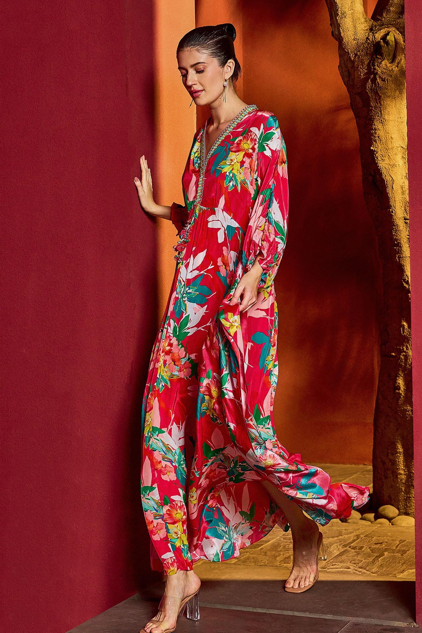 Red Viscose, Crepe Tassels V-neck Blossom Petal Print Kaftan - Designer Kurta Set