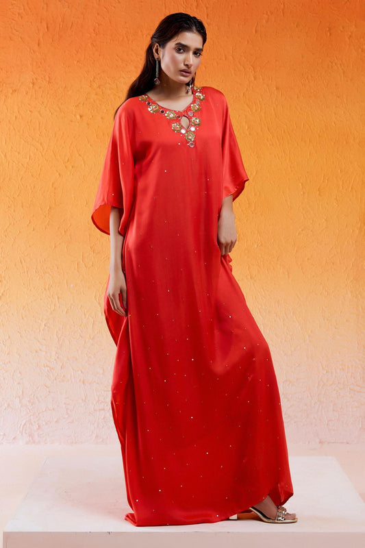 Red Viscose, Modal, Satin, Crepe Cut Work, Sequins Scarlet Embroidered Kaftan - Designer Kurta Set