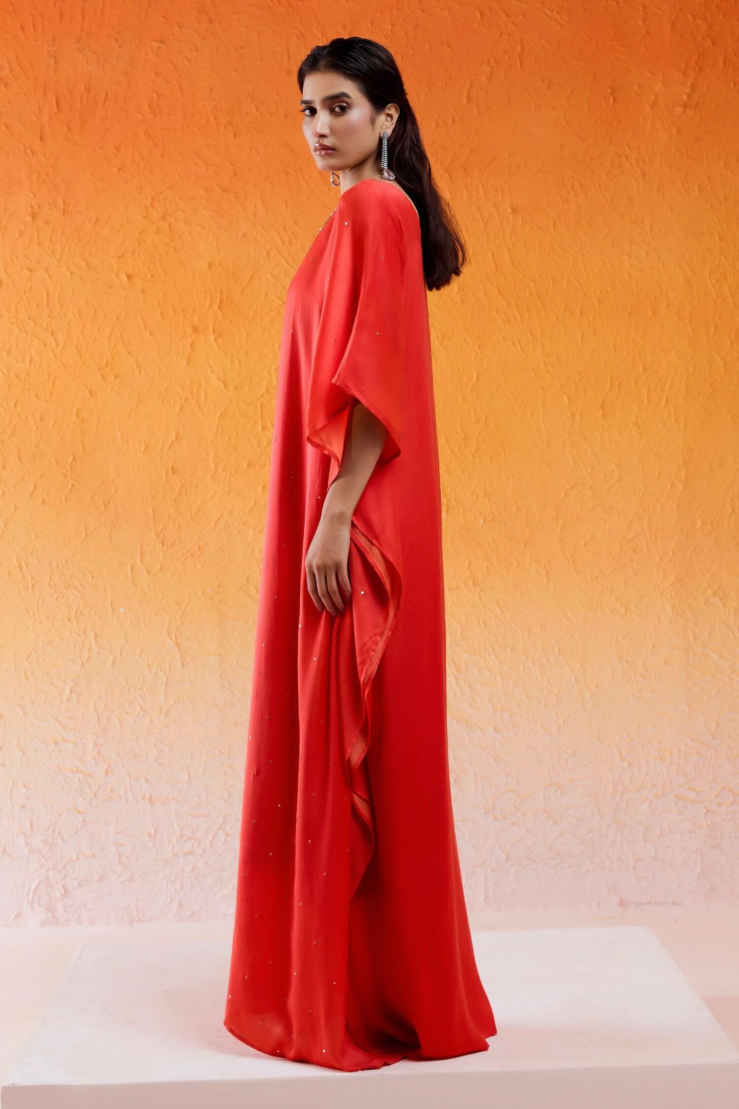 Red Viscose, Modal, Satin, Crepe Cut Work, Sequins Scarlet Embroidered Kaftan - Designer Kurta Set
