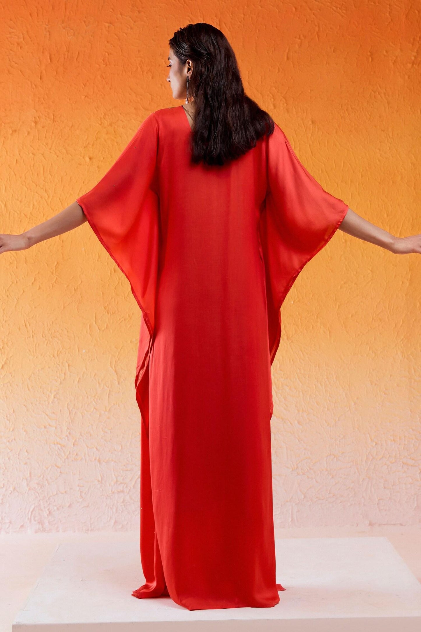 Red Viscose, Modal, Satin, Crepe Cut Work, Sequins Scarlet Embroidered Kaftan - Designer Kurta Set