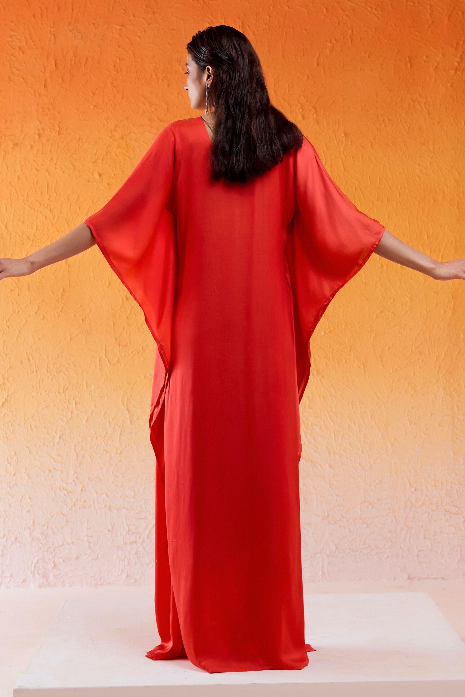 Red Viscose, Modal, Satin, Crepe Cut Work, Sequins Scarlet Embroidered Kaftan - Designer Kurta Set