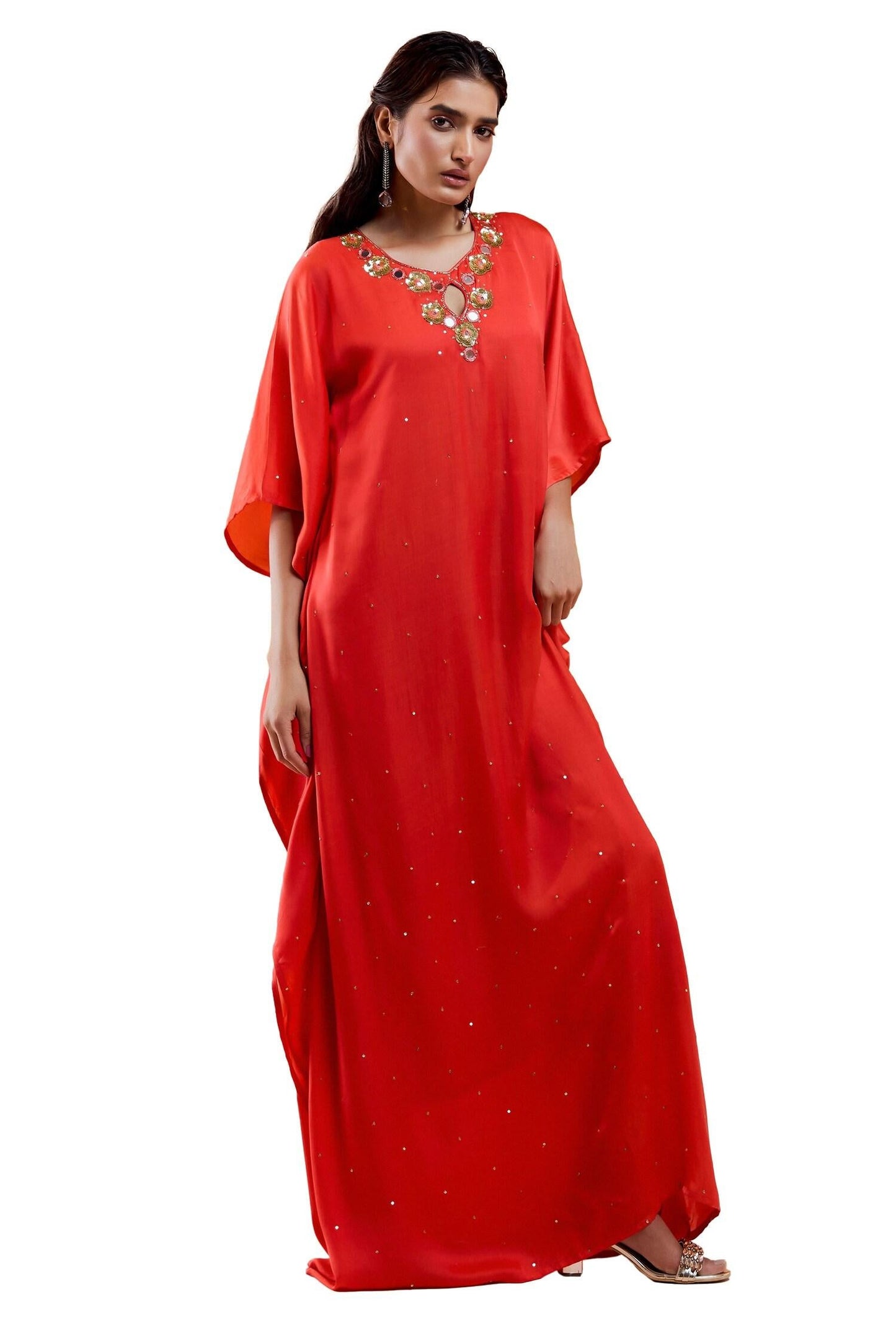 Red Viscose, Modal, Satin, Crepe Cut Work, Sequins Scarlet Embroidered Kaftan - Designer Kurta Set
