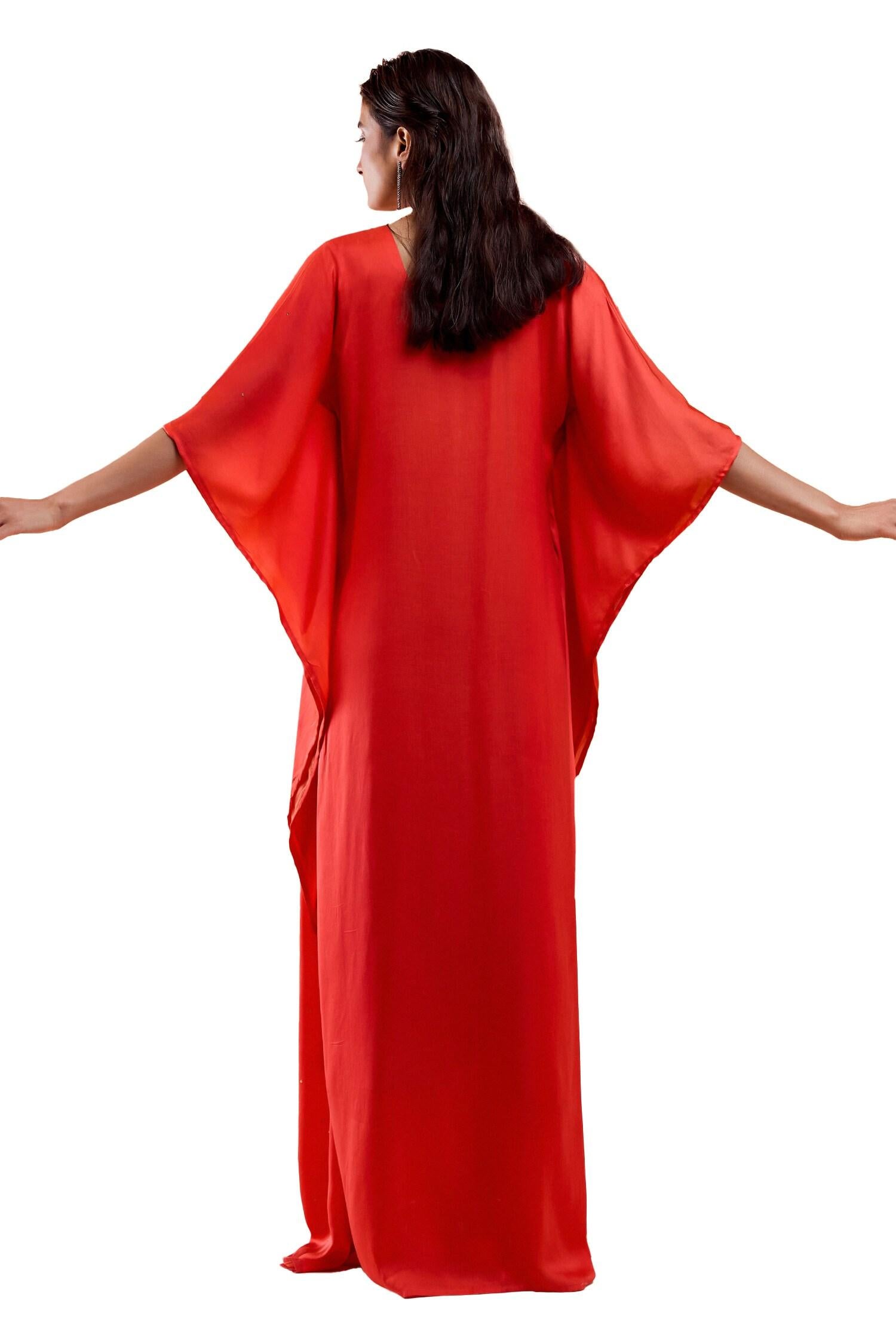 Red Viscose, Modal, Satin, Crepe Cut Work, Sequins Scarlet Embroidered Kaftan - Designer Kurta Set