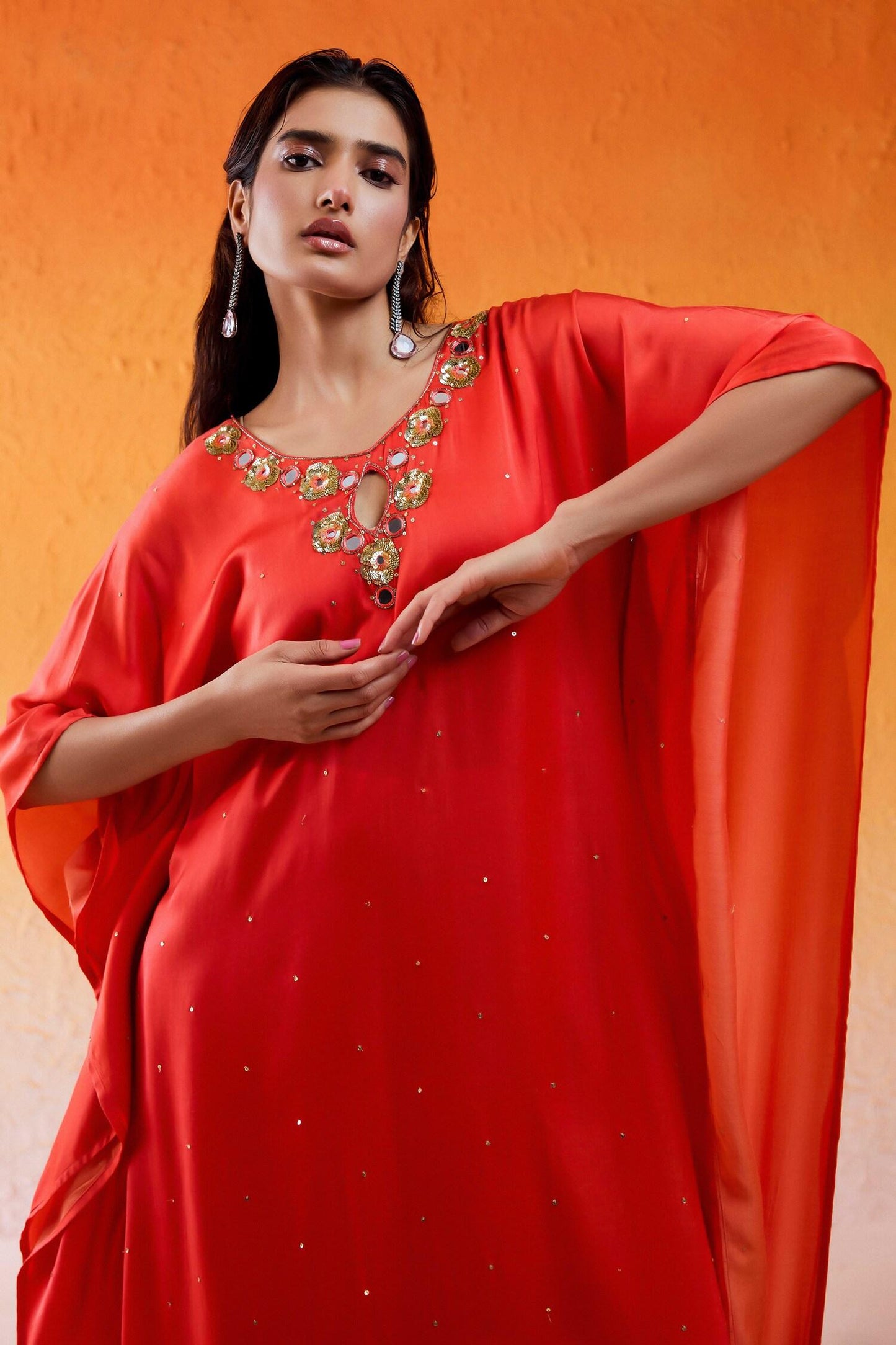 Red Viscose, Modal, Satin, Crepe Cut Work, Sequins Scarlet Embroidered Kaftan - Designer Kurta Set