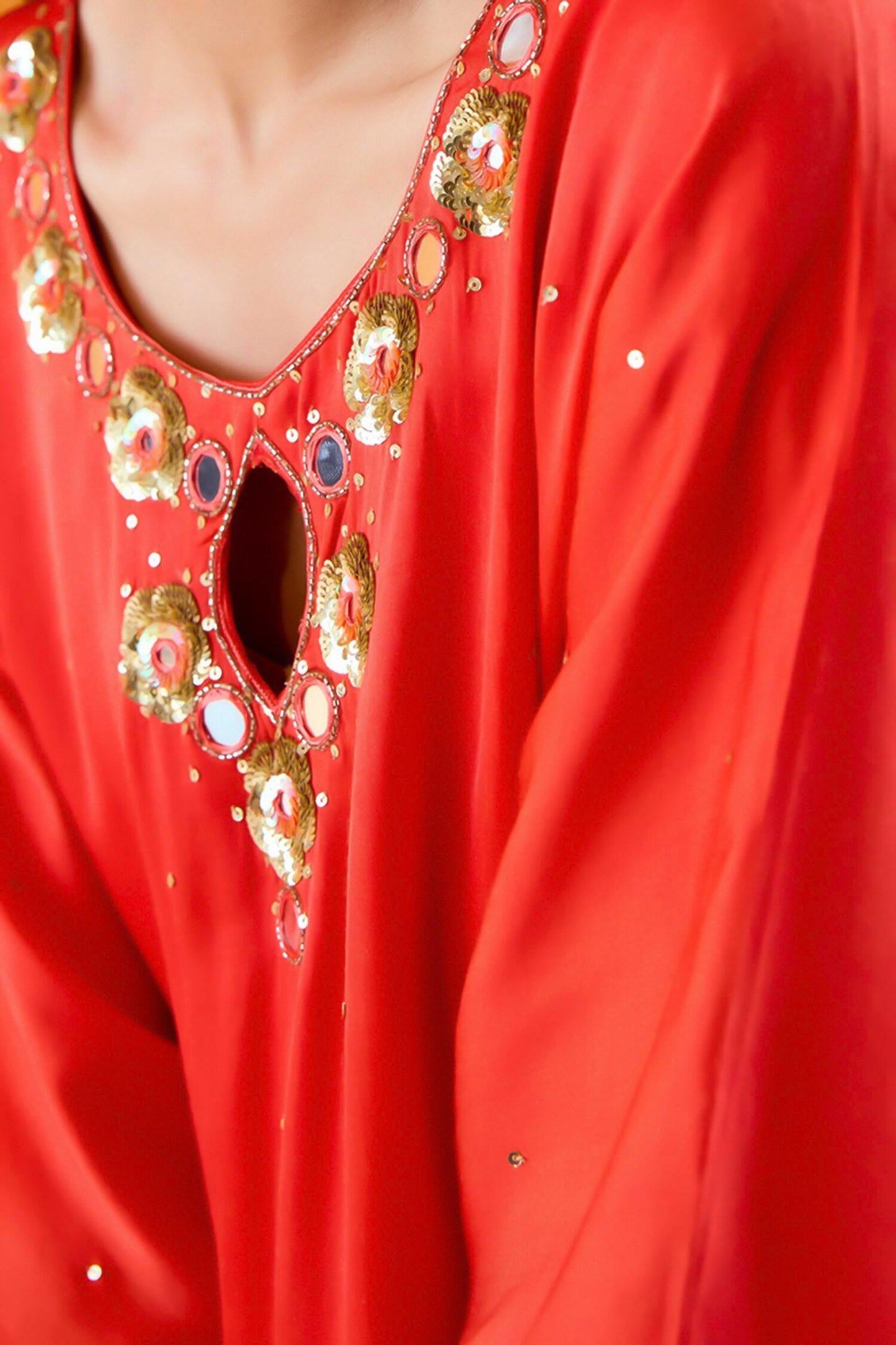 Red Viscose, Modal, Satin, Crepe Cut Work, Sequins Scarlet Embroidered Kaftan - Designer Kurta Set
