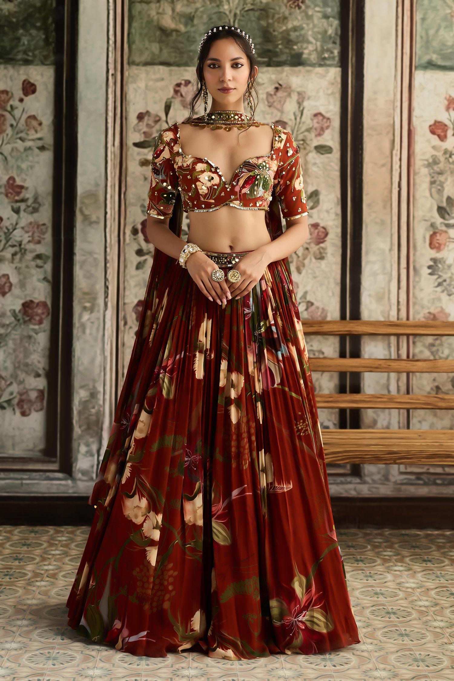 Rust Crepe, Georgette Sequins, Beads, Embroidery Floral Print Lehenga Set - Designer Kurta Set