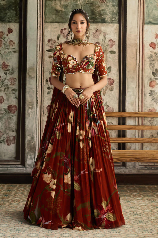 Rust Crepe, Georgette Sequins, Beads, Embroidery Floral Print Lehenga Set - Designer Kurta Set
