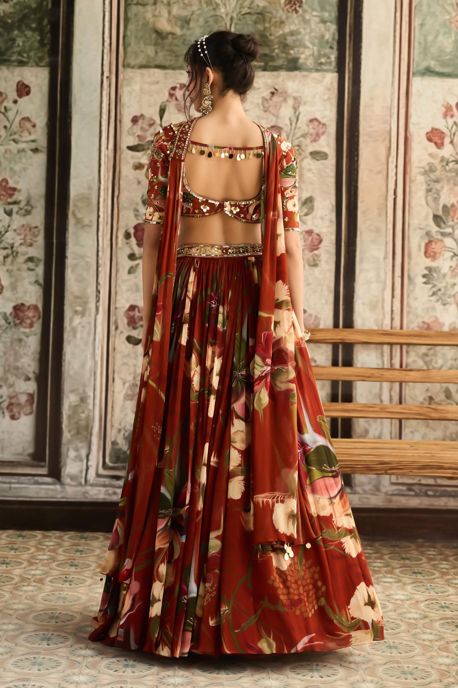 Rust Crepe, Georgette Sequins, Beads, Embroidery Floral Print Lehenga Set - Designer Kurta Set