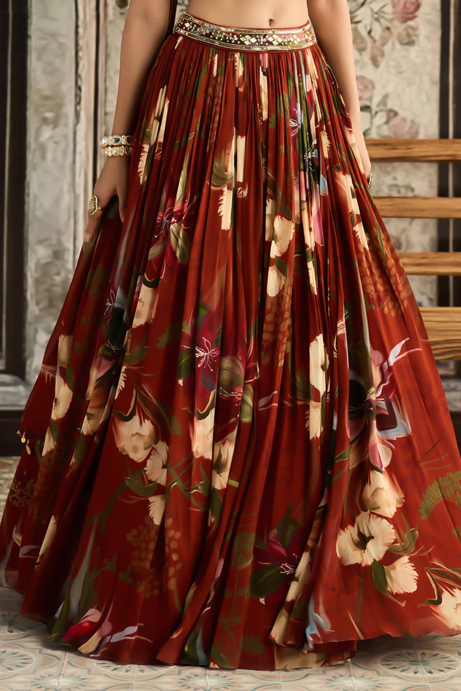 Rust Crepe, Georgette Sequins, Beads, Embroidery Floral Print Lehenga Set - Designer Kurta Set