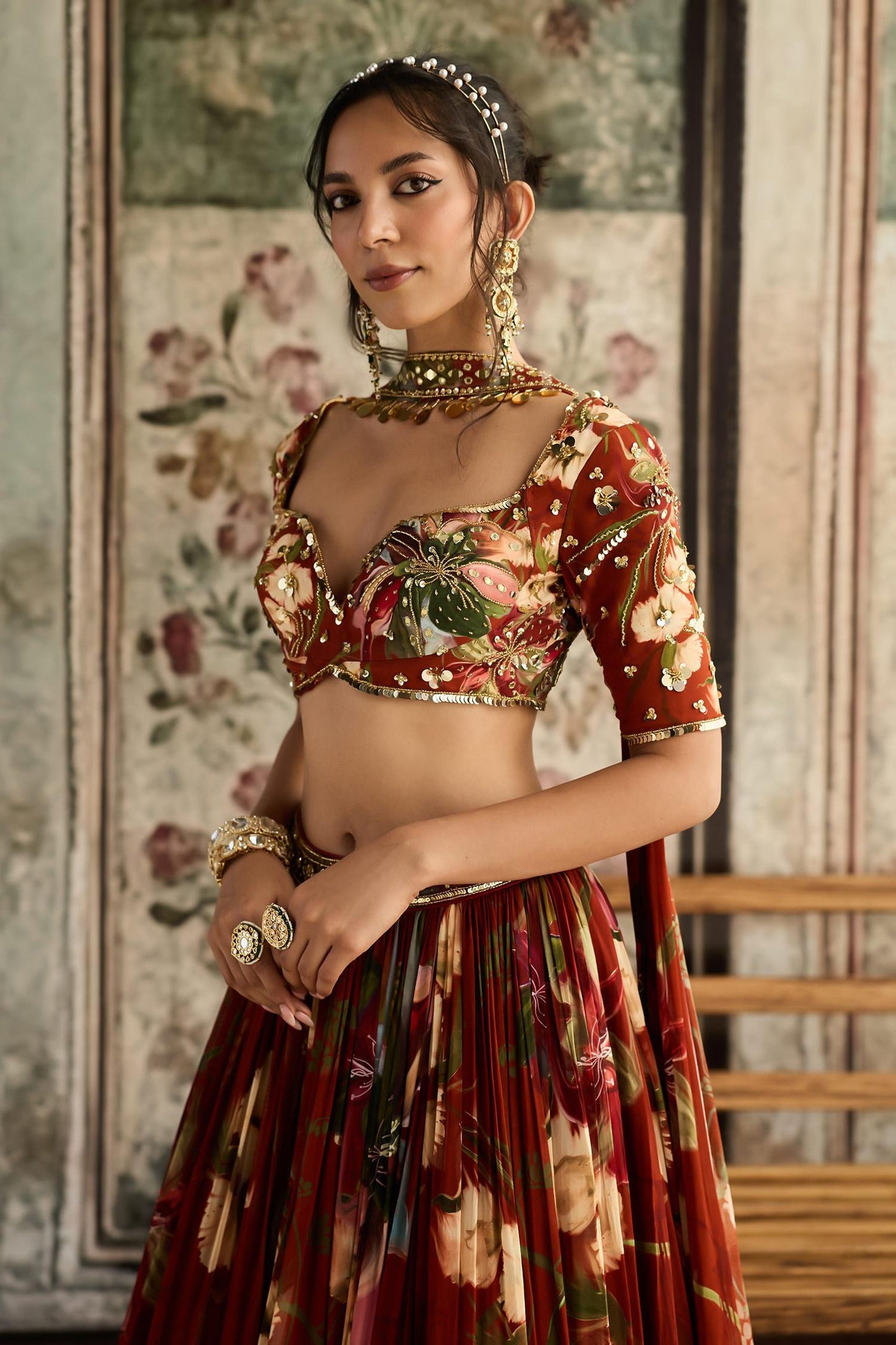Rust Crepe, Georgette Sequins, Beads, Embroidery Floral Print Lehenga Set - Designer Kurta Set