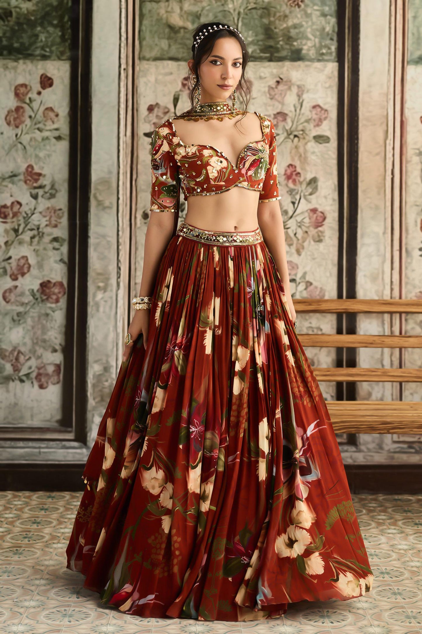 Rust Crepe, Georgette Sequins, Beads, Embroidery Floral Print Lehenga Set - Designer Kurta Set