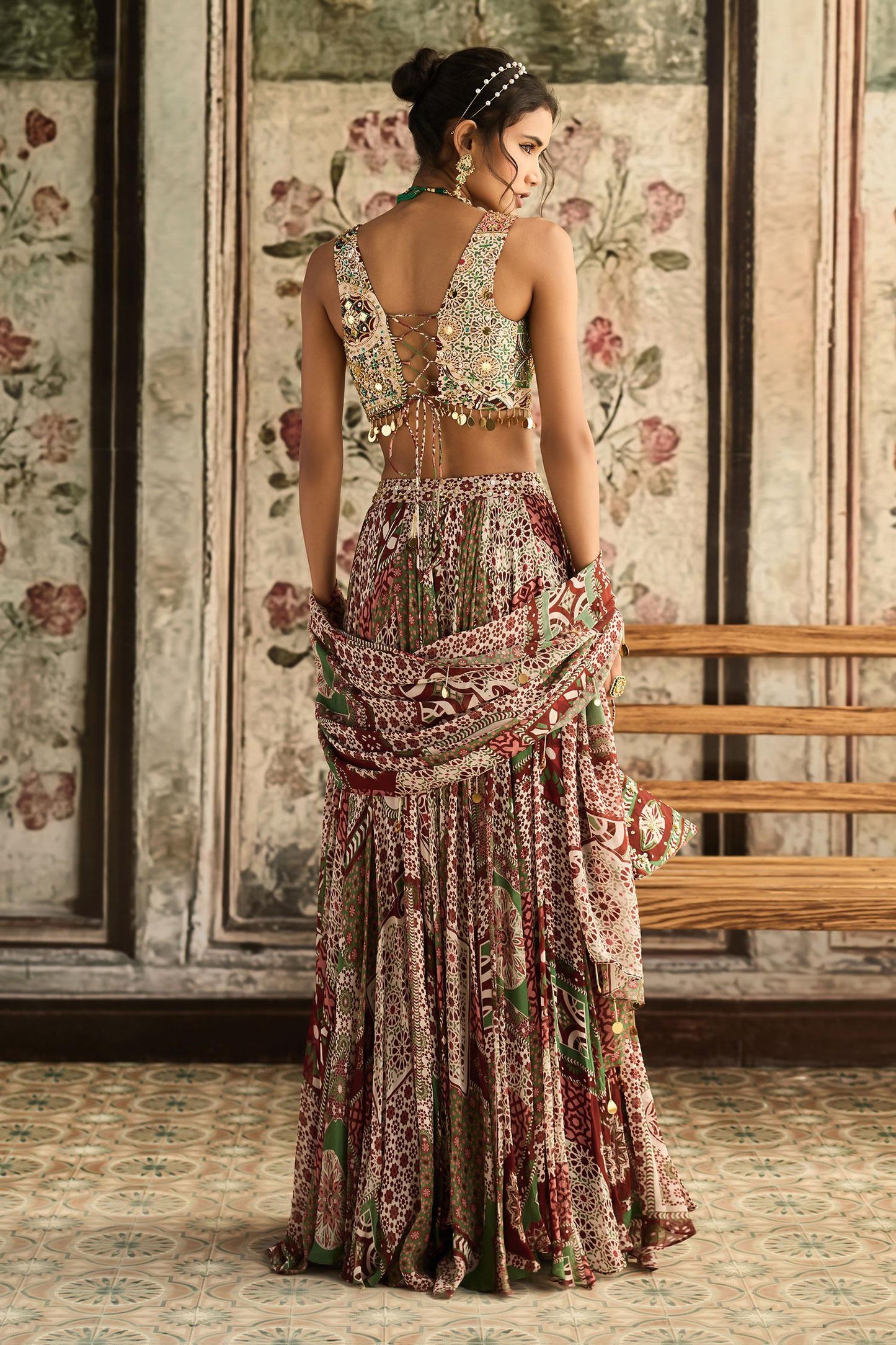 Sapphire Crepe, Georgette Sequins, Sage Green And Maroon Designer Lehenga Set - Designer Kurta Set