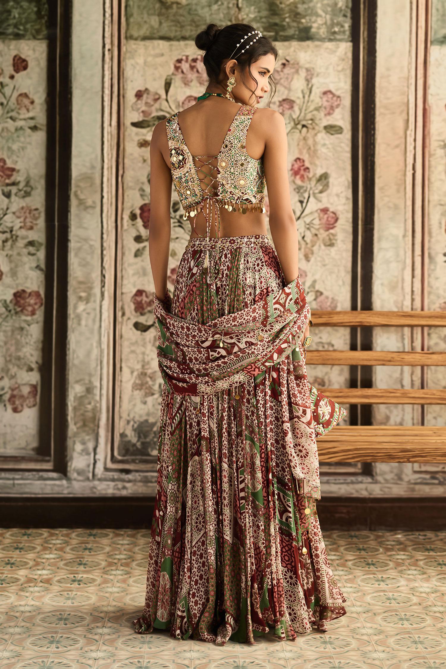 Sapphire Crepe, Georgette Sequins, Sage Green And Maroon Designer Lehenga Set - Designer Kurta Set