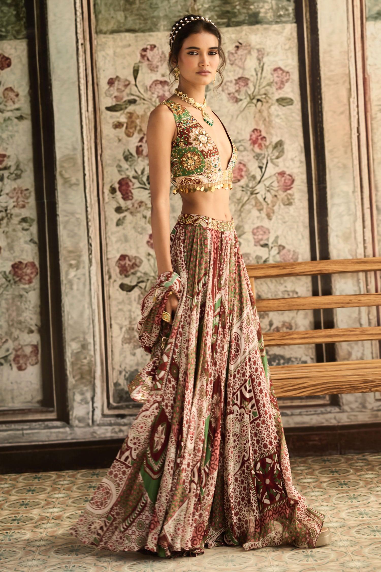Sapphire Crepe, Georgette Sequins, Sage Green And Maroon Designer Lehenga Set - Designer Kurta Set