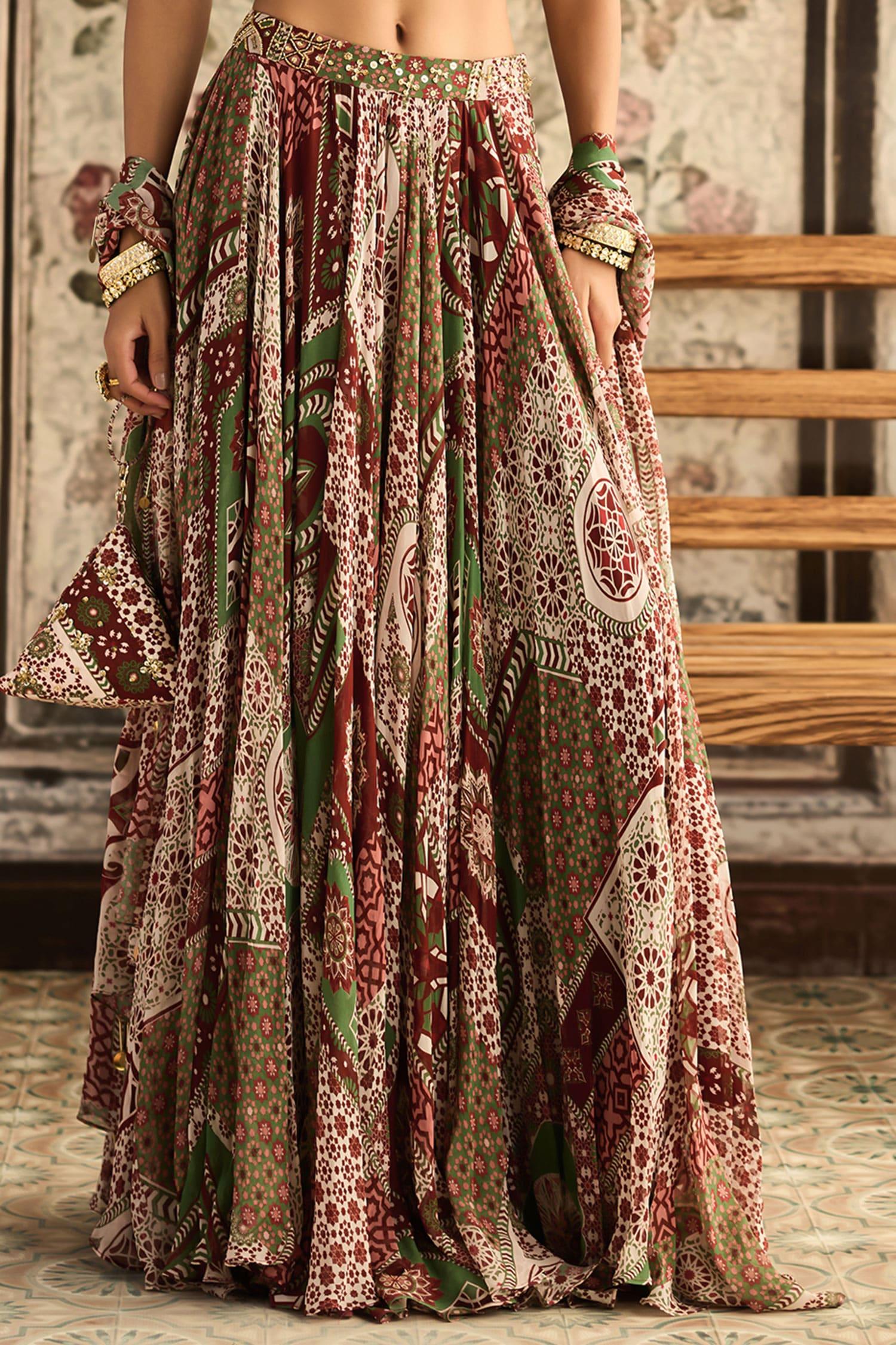 Sapphire Crepe, Georgette Sequins, Sage Green And Maroon Designer Lehenga Set - Designer Kurta Set