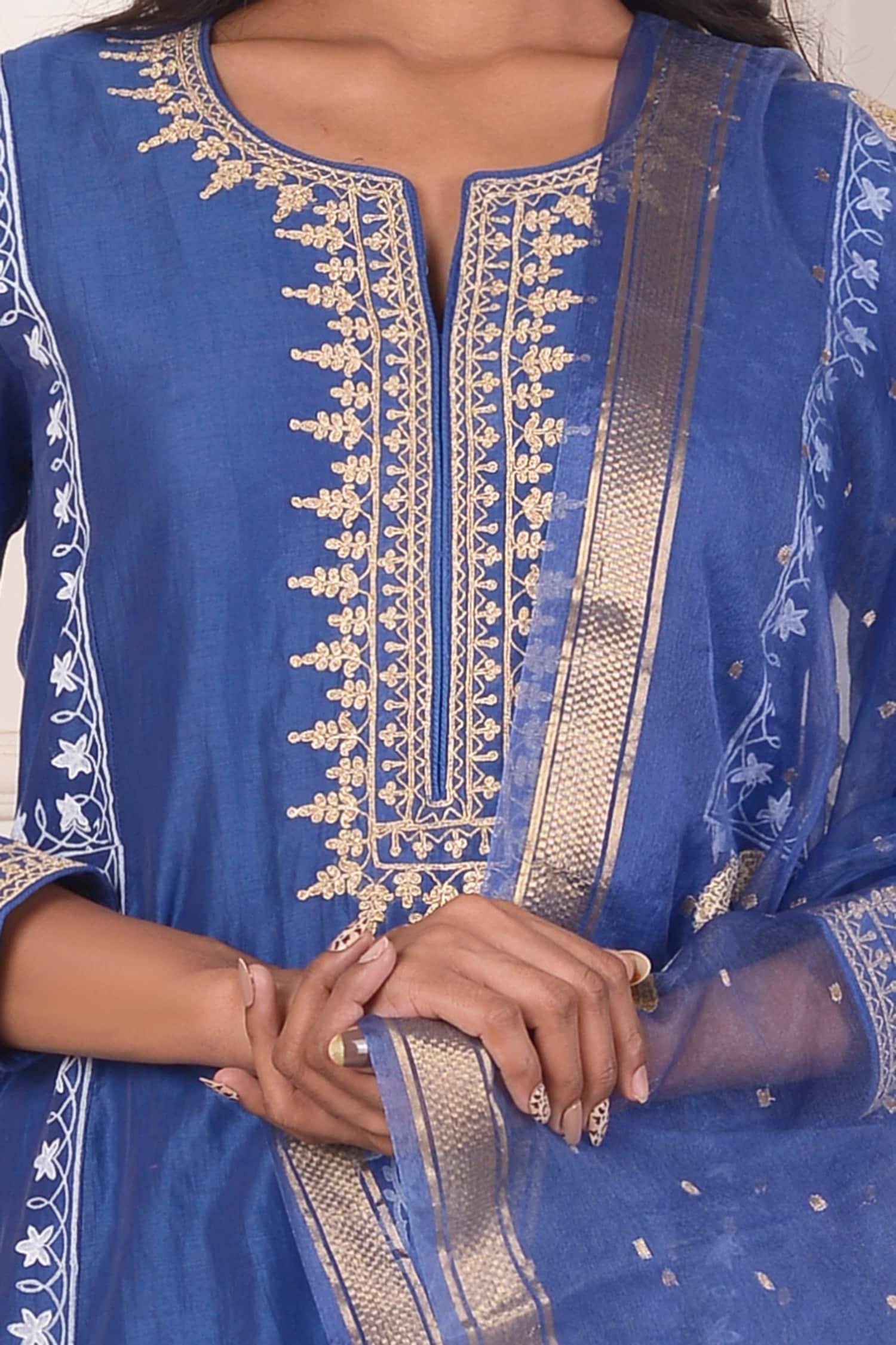 Sky Blue Chanderi, Cotton, Mughal Floral Block Print Anarkali Palazzo Set - Designer Kurta Set