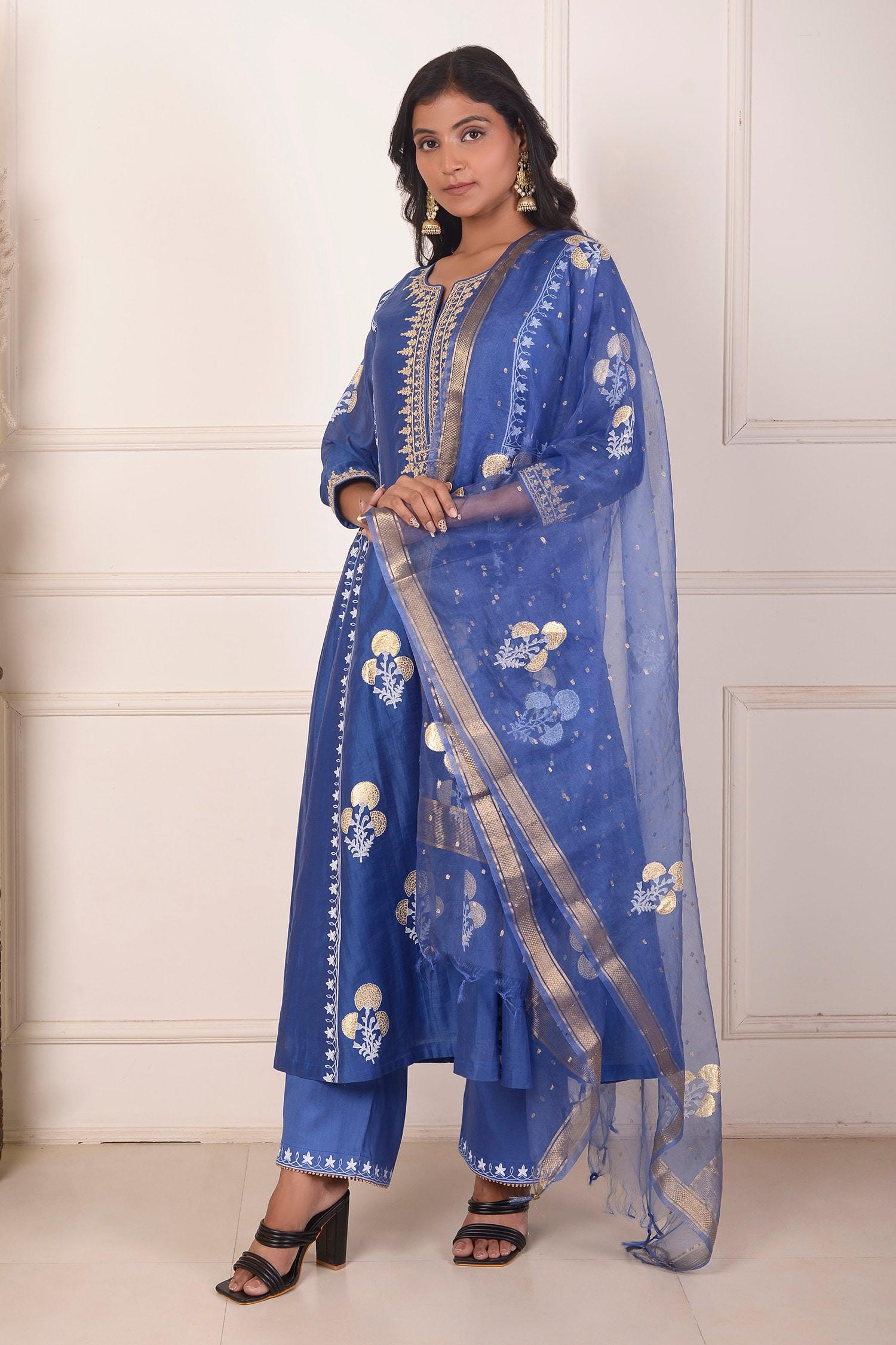 Sky Blue Chanderi, Cotton, Mughal Floral Block Print Anarkali Palazzo Set - Designer Kurta Set