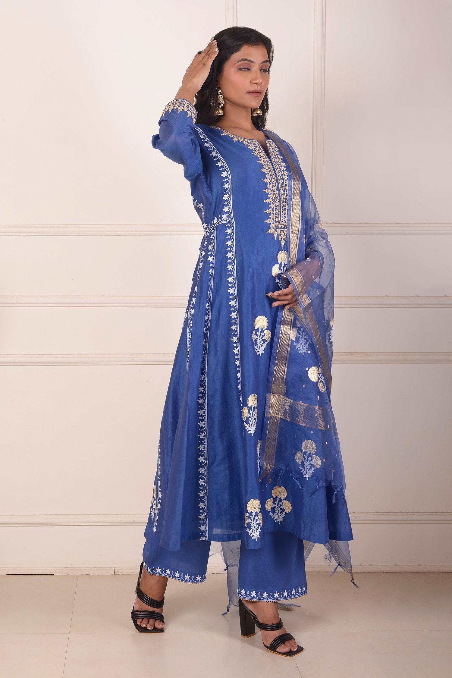 Sky Blue Chanderi, Cotton, Mughal Floral Block Print Anarkali Palazzo Set - Designer Kurta Set