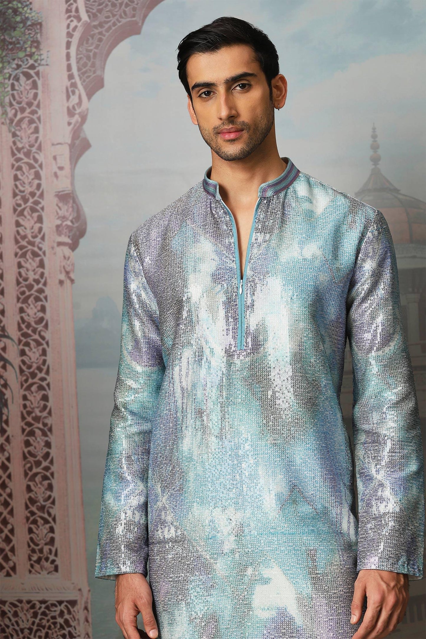 Kurta Set Sky Blue Chanderi Silk Sequins Twilight Printed